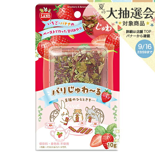 メーカー：マルカン品番：ML-702▼割▼パリッと食感、じゅわっと果実！マルカン　パリじゅわーる　いちご　10g対象うさぎ・ハムスター・モルモット・チンチラ・デグー・リス・ハリネズミ・モモンガなどの小動物機能おやつライフステージオールステージ特長●いちごとバナナのペーストをシート状に固め、表面にタンポポの葉をトッピングしました。●パリッとした軽い食感のあとに、果実の味わいがお口いっぱいに広がる贅沢なおやつです。●手から直接どうぞと差し出しやすいサイズなので、ペットとの絆を深める特別なご褒美に最適です。●うさぎ、モルモット、ハムスター、チンチラ、デグーなど、様々なお友達に安心して与えられます。●保存料や着色料を使わずに仕上げているため、毎日のコミュニケーションタイムに安心して取り入れられます。内容量10g原材料いちごペースト、バナナペースト、米粉、タンポポの葉、でんぷん保証成分粗たん白質：4．1％以上、粗脂肪：1．1％以上、粗繊維：3．4％以下、粗灰分：1．5％以下、水分：3．0％以下エネルギー（約）405kcal／100g原産国中国ご注意※本品は小動物専用のおやつです。お子様が誤食しないようにご注意ください。お問い合わせについて商品の不明点につきましては、下記にお問い合わせください。株式会社マルカン　お客様相談室TEL：072−931−0345マルカン　パリじゅわーる　りんご　10gマルカン　りんご大収穫祭　パリふわスライス　30gマルカン　野菜のおたより　かぼちゃ　10g　小動物　おやつ　野菜マルカン　まるごとイナゴ豆　80g　小動物　おやつ　食物繊維マルカン　野菜のおたより　にんじん　10g　小動物　おやつ　無添加 … y26m03　メーカー画像　マルカン　パリじゅわーる　いちご　10g　4906456586791　ML-702　ミニマルランド　小動物　小動物フード　フード　餌　えさ　おやつ　コミュニケーションおやつ　おやつタイム　うさぎ　兎　ラビット　ハムスター　モルモット　チンチラ　デグー　りす　ハリネズミ　モモンガ　シート状　パリッ　軽い食感　じゅわっ　果実　フルーツ　タンポポの葉　バナナ　苺　ストロベリー　無添加　20260217　y26m02　ngtk　comyumnioyatu　26raf_m_mrc　26raf_m0■この商品をお買い上げのお客様は、下記商品もお買い上げです。※この商品には付属しません。■マルカン　パリじゅわーる　りんご　10gマルカン　りんご大収穫祭　パリふわスライス　30gマルカン　野菜のおたより　かぼちゃ　10g　小動物　おやつ　野菜マルカン　まるごとイナゴ豆　80g　小動物　おやつ　食物繊維マルカン　野菜のおたより　にんじん　10g　小動物　おやつ　無添加