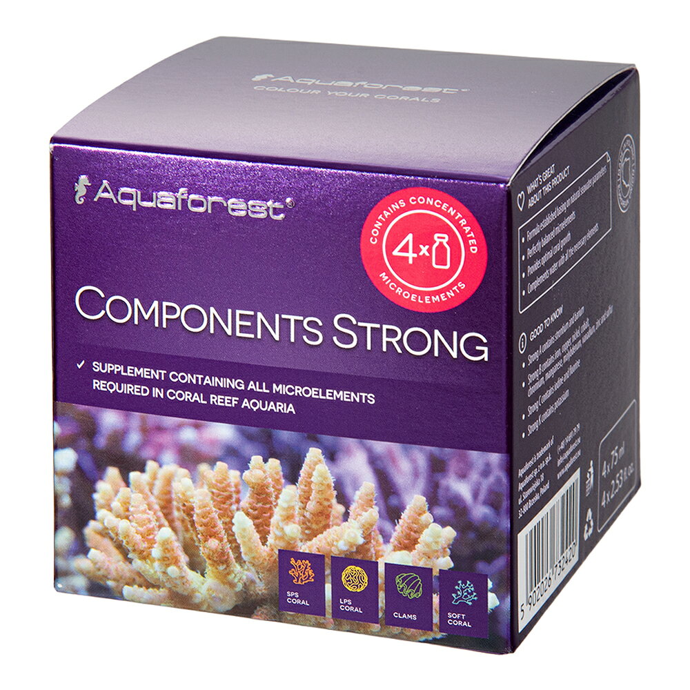 メーカー：アクアフォレストサンゴ礁水槽用高濃度微量元素！アクアフォレスト　Components　Strong（75ml×4）対象サンゴ（SPS、LPS）、ソフトコーラル、二枚貝特長●カルシウム、マグネシウム、KHバッファー、リーフミネラルソルトと組み合わせることで、HW　Ballingが提唱する方法でリーフアクアリウムを維持するために設計された添加剤のセットです。●水槽内の微量元素は主要元素と適切な割合で消費されるため、Components　Strongの濃度は他の値に基づいて開発されています。セット内容A：濃縮ストロンチウムとバリウム　75mlB：濃縮された重金属　75mlC：濃縮ヨウ化物およびフッ化物　75mlK：濃縮カリウム　75ml生産国ポーランドご注意※本品はアクアリウム用品です。目的以外の用途では使用しないでください。※本品は添加する事で必ずサンゴの色揚げが出来る物ではございません。※基本的な水質や状態が整っている環境で使用する事をおすすめします。 … アクアフォレスト　Components　Strong　アクア用品　アクアリウム　アクア　アクアリウム用品　海水　海水水槽　サンゴ　サンゴ水槽　SPS　LPS　ソフトコーラル　ハードコーラル　水質調整　調整剤　添加剤　添加　添加液　マグネシウム　カルシウム　微量元素　アルカリ　Mg　Ca　Sr　Ba　Co　Mn　Cu　Fe　Zn　Ni　Cr　NaHCO3　F　I　K　B　総合微量元素　5902026732420　20260612　kak　y26m06