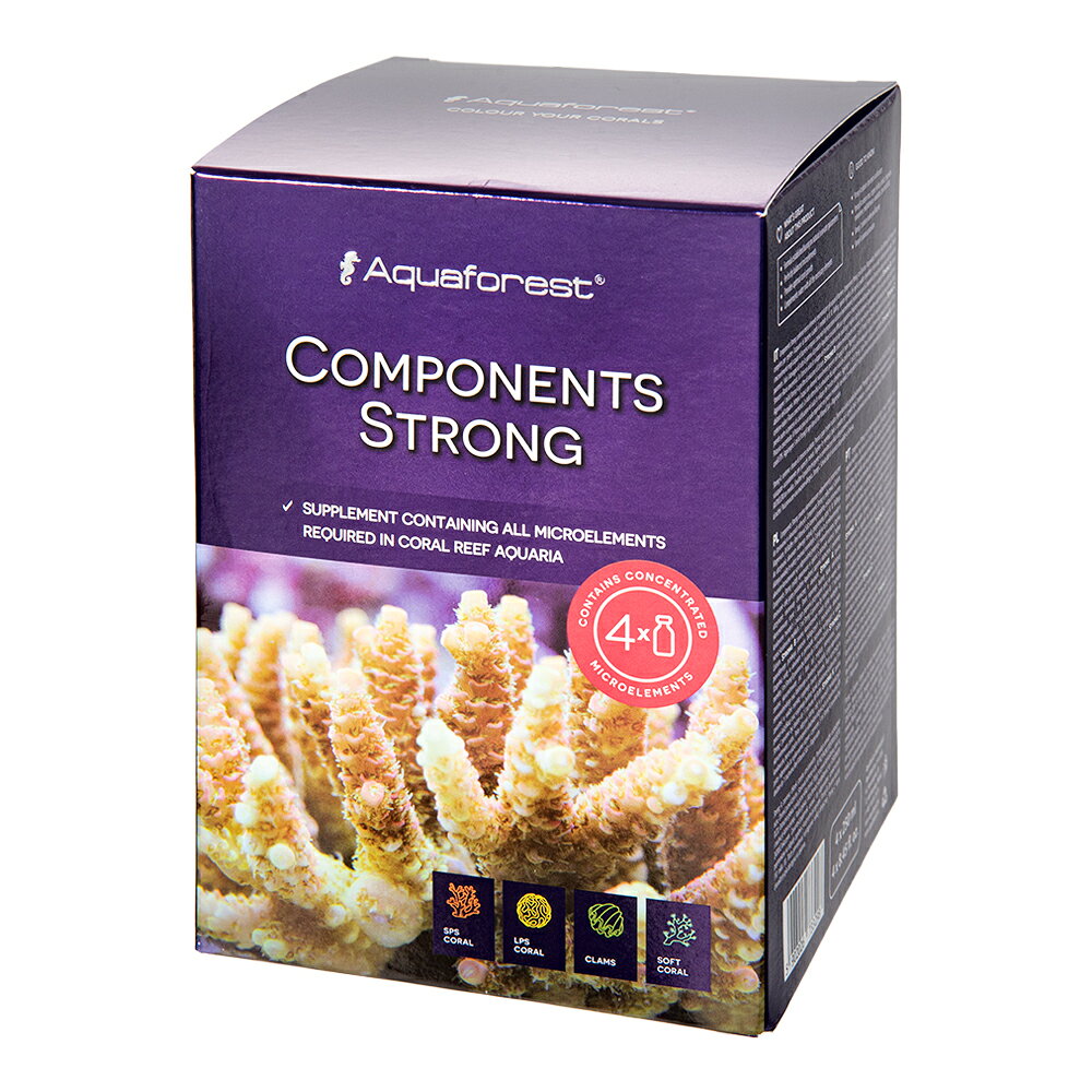 メーカー：アクアフォレストサンゴ礁水槽用高濃度微量元素！アクアフォレスト　Components　Strong（250ml×4）対象サンゴ（SPS、LPS）、ソフトコーラル、二枚貝特長●カルシウム、マグネシウム、KHバッファー、リーフミネラルソルトと組み合わせることで、HW　Ballingが提唱する方法でリーフアクアリウムを維持するために設計された添加剤のセットです。●水槽内の微量元素は主要元素と適切な割合で消費されるため、Components　Strongの濃度は他の値に基づいて開発されています。セット内容A：濃縮ストロンチウムとバリウム　250mlB：濃縮された重金属　250mlC：濃縮ヨウ化物およびフッ化物　250mlK：濃縮カリウム　250ml生産国ポーランドご注意※本品はアクアリウム用品です。目的以外の用途では使用しないでください。※本品は添加する事で必ずサンゴの色揚げが出来る物ではございません。※基本的な水質や状態が整っている環境で使用する事をおすすめします。 … アクアフォレスト　Components　Strong（250ml×4）　アクア用品　アクアリウム　アクア　アクアリウム用品　海水　海水水槽　サンゴ　サンゴ水槽　SPS　LPS　ソフトコーラル　ハードコーラル　水質調整　調整剤　添加剤　添加　添加液　マグネシウム　カルシウム　微量元素　アルカリ　Mg　Ca　Sr　Ba　Co　Mn　Cu　Fe　Zn　Ni　Cr　NaHCO3　F　I　K　B　総合微量元素　5902026733298　20260612　kak　y26m06