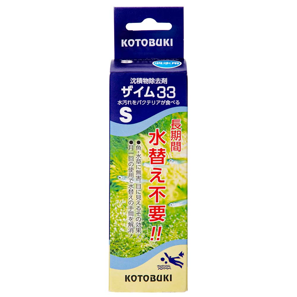 メーカー：コトブキ長期間水替え不要！コトブキ工芸　kotobuki　ザイム33　S　淡水用　118ml適合水槽淡水水槽 特長●好気性バクテリアを酵素をミックスし、水中の汚れや沈着物を微粒子状に分解するバクテリア剤です。●理想的な飼育水をつくることができます。●1ヶ月に1回ずつご使用いただけますと、水槽の水替えが不要になります。●水槽内の酸素レベルを弱めたり、魚や水草へ害を与えません。内容量118mlご使用方法●酵素とバクテリアの状態をバランスよくするために、ご使用前に必ずよく振ってください。●商品画像3枚目の表に従い、軽量キャップを用いて本品を適量投与してください。●水中で酵素とバクテリアの効力を最大限にするために、約2時間程度フィルターを停止してください。●48時間以内にははっきりした効果が表れてきます。ただし、大量の沈積物を除去する場合は、24時間経過後、本品を再度同量投与してください。●本品に含まれている酵素やバクテリアは超微粒子です。カーボン、ゼオライト、フィルターでも除去されませんので、長期間効果が持続します。ご注意※本品は観賞魚用品です。目的以外の用途では使用しないでください。※抗生物質などを混入した水に本品を使用しても、バクテリアが悪影響を受けて効果が表れません。事前に必ず高性能のカーボンでろ過してください。お問い合わせについて商品の不明点につきましては、下記にお問い合わせください。コトブキ工芸株式会社TEL：0743−66−2777PSBQ10　ピーエスビーキュート　淡水用　500mL　メダカ　金魚　熱帯魚　光合成細菌　バクテリアPSBQ10　ピーエスビーキュート　淡水用　1．8L（池・業務用）　メダカ　金魚　錦鯉　熱帯魚　光合成細菌　バクテリアPSBQ10　ピーエスビーキュート　淡水用　10L（大型水槽・業務用）　光合成細菌　バクテリア　お一人様2点限りPSB　ハイパー　濃縮タイプ　500ml　光合成細菌　淡水　海水用　バクテリア　熱帯魚　観賞魚　メダカの稚魚のエサ定着型バクテリア　ばくとQ10　淡水・海水用　500mL　バクテリア　熱帯魚　海水魚コトブキ工芸　ダブルバイオ　300gエーハイム　4in1（フォーインワン）　500ml　カルキ抜き　粘膜保護　重金属無毒化　白濁除去　水替えテトラテスト　6in1　試験紙（淡水用）水質検査試験紙　テスト　総硬度　硝酸塩　亜硝酸塩　塩素　炭酸塩　PHコトブキ工芸　プロフィットフィルターF2／X2用　荒目マットB　3枚入 … アクアリウム用品　アクア用品　調整剤　バクテリア　その他の商品　コトブキ　ザイム33　S　淡水用　118ml　器具　コトブキ工芸　_aqua_maker_kw　4972814080010　opa2_none　寿　KOTOBUKI　y23m09■この商品をお買い上げのお客様は、下記商品もお買い上げです。※この商品には付属しません。■PSBQ10　ピーエスビーキュート　淡水用　500mL　メダカ　金魚　熱帯魚　光合成細菌　バクテリアPSBQ10　ピーエスビーキュート　淡水用　1．8L（池・業務用）　メダカ　金魚　錦鯉　熱帯魚　光合成細菌　バクテリアPSBQ10　ピーエスビーキュート　淡水用　10L（大型水槽・業務用）　光合成細菌　バクテリア　お一人様2点限りPSB　ハイパー　濃縮タイプ　500ml　光合成細菌　淡水　海水用　バクテリア　熱帯魚　観賞魚　メダカの稚魚のエサ定着型バクテリア　ばくとQ10　淡水・海水用　500mL　バクテリア　熱帯魚　海水魚コトブキ工芸　ダブルバイオ　300gエーハイム　4in1（フォーインワン）　500ml　カルキ抜き　粘膜保護　重金属無毒化　白濁除去　水替えテトラテスト　6in1　試験紙（淡水用）水質検査試験紙　テスト　総硬度　硝酸塩　亜硝酸塩　塩素　炭酸塩　PHコトブキ工芸　プロフィットフィルターF2／X2用　荒目マットB　3枚入