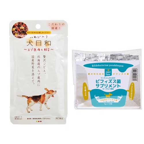 賞味期限：2024年7月30日　わんわん　犬日和レトルト　エゾ鹿肉と野菜　60g＋ワンちゃんのためのビフィ..