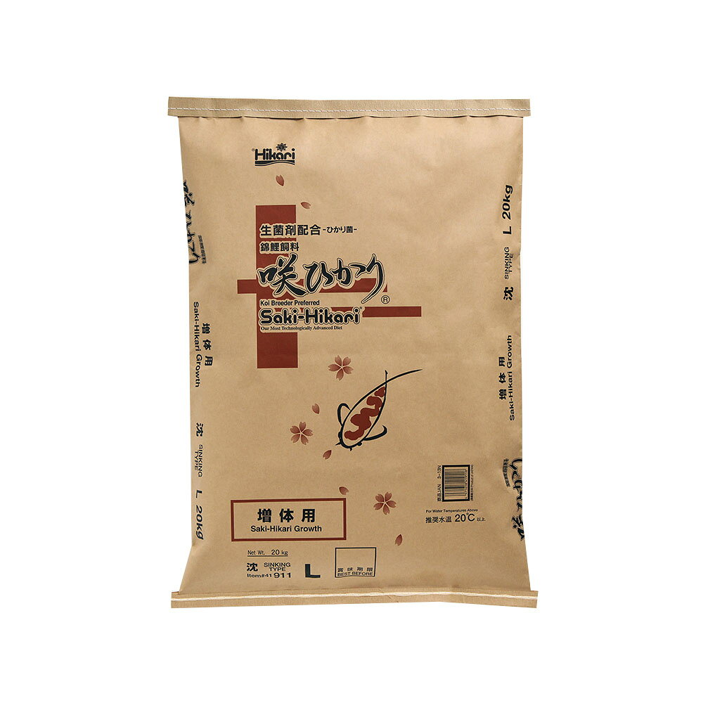 メーカー：キョーリン生菌剤配合！キョーリン　咲ひかり　増体用　沈下　L　20kg錦鯉（体長30cm以上）仕様沈下性特長●雑食性である錦鯉の食性を考慮し、脂肪のみでなく、その他の栄養素に関しても配合割合を吟味し、総合的にカロリーを高めた鯉用飼料です。●バランスのとれた体型の維持と健康的な成長をサポートします。●健全な成長に必要な栄養分を十分に吸収利用できるように、また水質に配慮し生菌剤（ひかり菌）を配合しました。内容量20kg粒サイズ（約）7．5〜8．5mm原材料フィッシュミール、小麦粉、小麦胚芽、ビール酵母、かしこ、大豆ミール、魚油、オキアミミール、グルテンミール、米ぬか、海藻粉末、ガーリック、アミノ酸（メチオニン）、生菌剤、カロチノイド、ビタミン類（塩化コリン、E、C、イノシトール、B5、B2、A、B1、B6、B3、葉酸、D3、ビオチン）、ミネラル類（P、食塩、Fe、Mg、Zn、Mn、Cu、I）保証成分蛋白質：40％以上、脂質：9．0％以上、粗繊維：2．0％以下、水分：10％以下、灰分：17％以下、りん：1．7％以上原産国日本ご注意※本品は観賞魚用の飼料です。目的以外の用途では使用しないでください。 … キョーリン　咲ひかり　増体用　沈下　L　20kg　4971618419118　アクアリウム　アクアリウム用品　錦鯉　コイ　鯉　餌　えさ　フード　鯉のエサ　鯉の餌　沈下性　大粒　ヒカリ　ひかり菌　大袋　大容量　20230504　y23m05　kak　y23m04