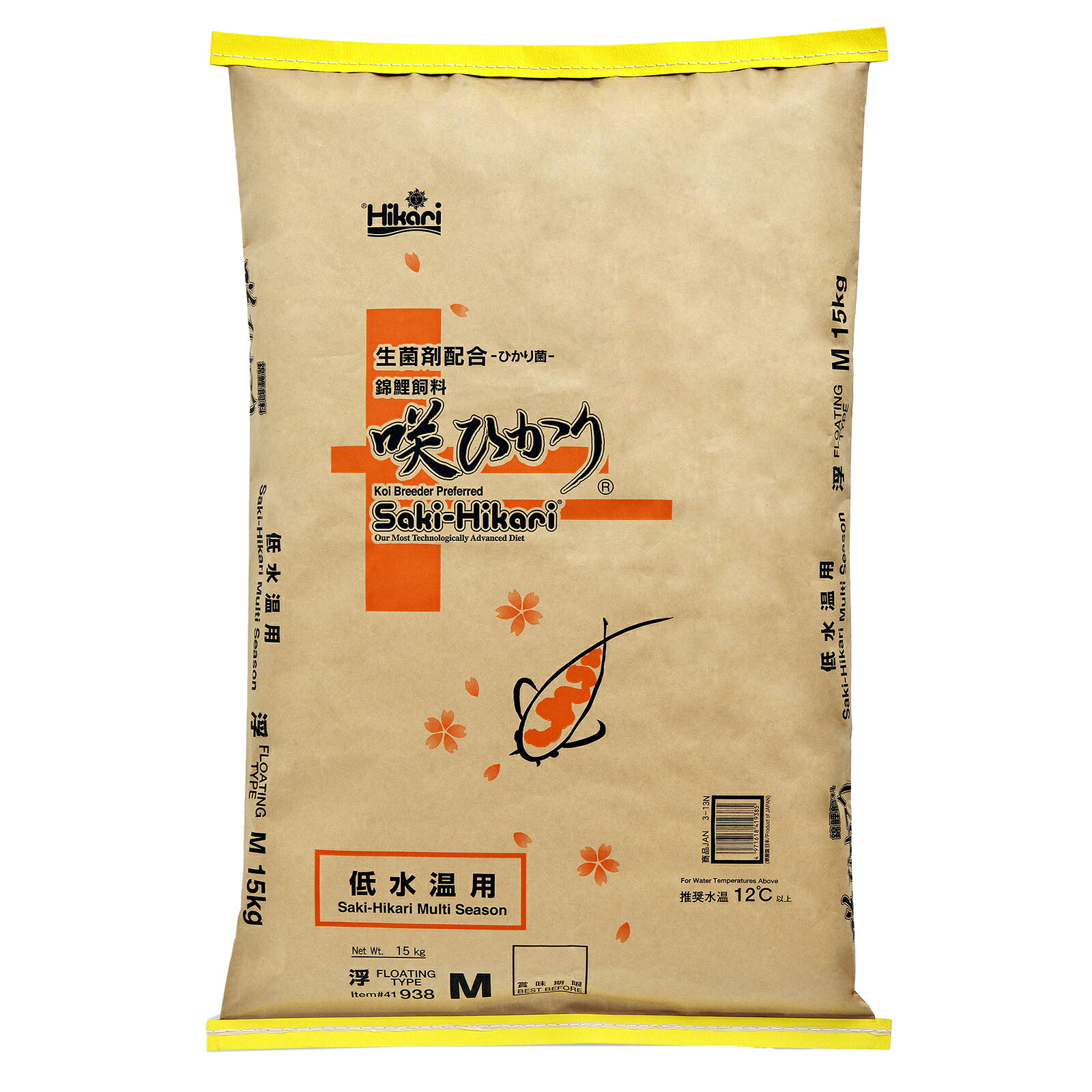 メーカー：キョーリンひかり菌を配合。錦鯉の育成に優れた浮上性の粒エサ！キョーリン　咲ひかり　低水温用　浮上　M　15kg対象錦鯉タイプ顆粒、浮上性特長●低水温下での8cm以上の錦鯉に最適な育成用飼料です。●消化吸収に配慮しながらも、タンパク値を下げることなくバランスよく配合することによって、食欲の低下した錦鯉に対して少量でも着実に成長させることが出来ます。●色揚げ原料を適度に配合することによって、緋盤の色褪せを防ぎ、春先まで美しい色合いを維持させることが出来ます。また、白地を黄ばめることがありません。●過密飼育になりがちな越冬温室での使用も想定し、ストレスによる各種ビタミンの消耗を補うよう強化配合しておりますので、魚体の健康を維持します。●「咲ひかり低水温用」独自の配合とひかり菌の相乗効果により、低水温下でも汚泥の発生量を軽減して、錦鯉にとって快適な水環境を保ちます。 内容量15kg粒サイズ（約）5．0〜5．5mmm原材料フィッシュミール、米ぬか、小麦胚芽、ビール酵母、かしこ、大豆ミール、大豆粉末、オキアミミール、スピルリナ、魚油、乳化剤、海藻粉末、アミノ酸（メチオニン）、ガーリック、生菌剤、カロチノイド、ビタミン類（塩化コリン、E、C、イノシトール、B5、B2、A、B1、B6、B3、葉酸、D3、ビオチン）、ミネラル類（P、食塩、Fe、Mg、Zn、Mn、Cu、I）保証成分たんぱく質：37％以上、脂肪：5．0％以上、粗繊維：2．0％以下、水分：10％以下、灰分：15％以下、りん：1．0％以上与え方●咲ひかりシリーズは、継続して与えることで生菌剤（ひかり菌）の効果を発揮しますので、常食としてご使用されることをおすすめします。●本品（低水温用）は、水温約12〜18℃の環境下で効果を最大限発揮するよう配合されています。18度以上の環境下で育成・色揚げを目的とする場合は、同シリーズの咲ひかり育成用や色揚用の方がより効果的ですのでそちらをご使用ください。また、12度以下で使用される場合は、錦鯉の状態を見ながら給餌量を調整してください。ご注意※本品は観賞魚用飼料です。その他目的には使用しないでください。※賞味期限表示は未開封時のものです。安定した効果を得るためにも、開封後は冷暗所に保管してお早めにご使用ください。※天然原料を使用しているので、製造時期などにより粒の色が変わることがありますが、品質には影響ありません。 … キョーリン　咲ひかり　低水温用　浮上　M　15kg　4971618419385　アクアリウム用品　餌　金魚用飼料　金魚　鯉専用　ニシキゴイ　錦鯉菌　生菌剤　冬　秋　春　キョーリンひかりシリーズ　コイ　ひかり　ひかりクレスト　Hikari　エサ　フード　ご飯　ゴハン　y23m12　20231230　kak