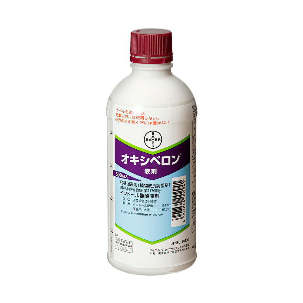 メーカー：バイエル薬品花や野菜から樹木まで、あらゆる植物を元気に育てる！オキシベロン液剤　500ml　発根促進剤対象りんご・すぎ・茶・桑等の、さし木の発根促進及び発生根数の増加登録番号第11790号肥料の種類インドール酪酸液剤特長 ●一度に多量のさし穂を処理することができます。 ●発根を早め、根数を増加させることにより、良い苗が数多く得られます。 内容量500ml保証成分量（％）インドール酪酸：0．40％展着剤、水等：99．6％ご使用方法（希釈方法）●使用量に合わせた希釈液を作成し、噴霧または、既定の時間浸漬してください。 【使用例】 ●さし木の発根促進及び発生根数の増加 ●花茎基部の伸長 ご注意※各種保証票については商品画像をご確認ください。 ※本品は園芸用品です。目的以外の用途では使用しないでください。 ※使用量に合わせ薬液を調製し、使いきって下さい。 ※他の農薬との混用はさけて下さい。 ※系統や品種により効果が認められない場合がありますので注意して下さい。 ※さし木に使用する場合には、次の事項を守って下さい。 ※浸漬はさし穂基部2〜3cmとし、所定時間浸漬して下さい。 ※さし穂は健全な親株からよく充実した枝を選び、葉付のさし穂は、さし穂の基部1／3にある葉を除き使用して下さい。 ※さし木後は十分に灌水し、さし床の湿度、温度は発根に大きく影響しますので適切な管理をし、とくにミストを併用するときは過湿にならないように注意して下さい。 ※チューリップに使用する場合には、次の事項を守って下さい。 ※第一葉の長さが9〜10cmの頃に時期を失しないように、所定液量を葉間に滴下して下さい。 ※高濃度で使用すると奇型花の発生や生育異常を生じるおそれがありますので、所定濃度を厳守して下さい。 ※使用に当っては希釈倍数、使用方法等を誤らないようにし、とくに初めて使用する場合には、病害虫防除所等関係機関の指導を受けることが望ましいです。 ※適用作物群に属する作物またはその新品種に本剤を初めて使用する場合は、使用者の責任において事前に薬効・薬害の有無を十分確認してから使用して下さい。なお、病害虫防除所等関係機関の指導を受けることが望ましいです。 ※本剤は眼に対して刺激性がありますので眼に入らないよう注意して下さい。眼に入った場合には直ちに水洗し、眼科医の手当を受けて下さい。使用後は洗眼して下さい。 ※使用の際は不浸透性手袋などを着用して下さい。 ※直射日光をさけ、なるべく低温な場所に密栓して保管して下さい。 バクテリア補助剤　コソジン　ガーデニング用　500mlPSBプランツ　500ml　光合成細菌 … オキシベロン液剤　500ml　発根促進剤　4907864002941　20221114　y22m11　Y.K.　園芸用品　ガーデニング用品　園芸　ガーデニング　農薬　発根　促進　病気　菜園　植物成長調整剤　さし木　塊根　現地球　wowma_hidden　dshop_hidden　q10_hidden■この商品をお買い上げのお客様は、下記商品もお買い上げです。※この商品には付属しません。■バクテリア補助剤　コソジン　ガーデニング用　500mlPSBプランツ　500ml　光合成細菌