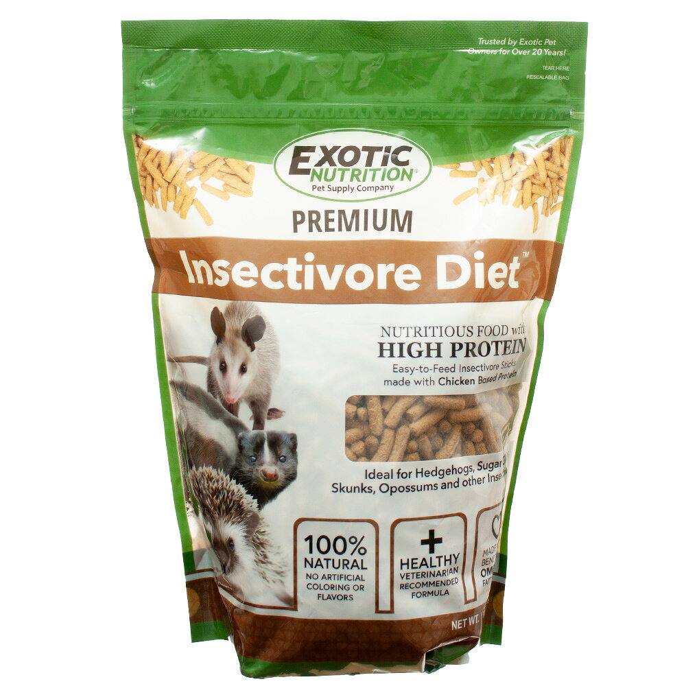 メーカー：EXOTIC NUTRITIONペレットタイプの与えやすい小動物用フード！EXOTIC　NUTRITION　プレミアムインセクティボアダイエット　567g対象ハリネズミ、フクロモモンガなどの昆虫食傾向のある小動物特長●ペレットタイプの与えやすい小動物用フードです。●ハリネズミやフクロモモンガなどの昆虫食傾向のある小動物に適しています。●鶏肉由来のタンパク質が豊富で、太り気味の子にも適しています。内容量1．25LB（567g）粒サイズ（約）直径3×長さ19mm主原料鶏肉ミール、米粉、小麦、小麦ミドリング、魚粉、グラニュー糖、ココナッツオイル、大豆、レシチン、石灰、オーツ麦、亜麻仁ミール、藻類ミール、卵製品（脱水）、ビタミンD3、ビタミンB12、DL−α酢酸トコフェロール（ビタミンE）、ナイアシン、タウリン、パトテン酸カルシウム、硝酸チアミン、酢酸ビタミンA、メナジオン重亜硫酸ナトリウム（ビタミンK）、ビオチン、リボフラビン−5−リン酸塩、ピリドキシン塩酸塩、葉酸、L−リジン、F−メチオニン、プロプリオン酸カルシウム（保存料）、L−アスコルビン−2−ポリフォフェート（ビタミンC）、硫酸鉄、酸化マンガン、酸化亜鉛、硫酸銅、ローデン酸カルシウム、炭酸コバルト原産国アメリカ成分粗たんぱく質（最小）：34．0％、粗脂質（最小）：12．0％、粗繊維（最大）：6．0％、水分（最大）：12．0％、灰分（最大）：9．0％、タウリン（最小）：0．05％、オメガ3：0．08％ご注意※輸入商品のため原材料や成分が予告なしに変更になる場合があります。ご了承ください。※本品は小動物用フードです。対象動物以外には与えないでください。EXOTIC　NUTRITION　Nativ　Critter　サンフラワースタークスライスチュース　正規品EXOTIC　NUTRITION　オポッサムコンプリート　454g　正規品EXOTIC　NUTRITION　スクワロルコンプリート　794g　正規品EXOTIC　NUTRITION　チモシーニブラーズ　60g　正規品EXOTIC　NUTRITION　トロピカルアイランドブレンド　113g　正規品EXOTIC　NUTRITION　パスチャープラス　サラダエッセンシャル　170g　正規品EXOTIC　NUTRITION　パスチャープラス　ダンデライオン　デリカシー　170g　正規品EXOTIC　NUTRITION　フィッシュスティックトリート　18g　正規品EXOTIC　NUTRITION　プレーリードッグフード　1．13kg　正規品EXOTIC　NUTRITION　ヘッジホッグブースター　56g　正規品EXOTIC　NUTRITION　ワックススナック（ドライワックスワーム）　28g　正規品 … プレミアムインセクティボアダイエット　EXOTIC　NUTRITION　PREMIUM　Insectivore　Diet　567g　0810012541725　エキゾチックニュートリション　小動物　フード　餌　エサ　ハリネズミ　フクロモモンガ　オポッサム　ペレット　スティック　昆虫食　20240916　y24m09　kszk　exonutribanner　leaffood■この商品をお買い上げのお客様は、下記商品もお買い上げです。※この商品には付属しません。■EXOTIC　NUTRITION　Nativ　Critter　サンフラワースタークスライスチュース　正規品EXOTIC　NUTRITION　オポッサムコンプリート　454g　正規品EXOTIC　NUTRITION　スクワロルコンプリート　794g　正規品EXOTIC　NUTRITION　チモシーニブラーズ　60g　正規品EXOTIC　NUTRITION　トロピカルアイランドブレンド　113g　正規品EXOTIC　NUTRITION　パスチャープラス　サラダエッセンシャル　170g　正規品EXOTIC　NUTRITION　パスチャープラス　ダンデライオン　デリカシー　170g　正規品EXOTIC　NUTRITION　フィッシュスティックトリート　18g　正規品EXOTIC　NUTRITION　プレーリードッグフード　1．13kg　正規品EXOTIC　NUTRITION　ヘッジホッグブースター　56g　正規品EXOTIC　NUTRITION　ワックススナック（ドライワックスワーム）　28g　正規品