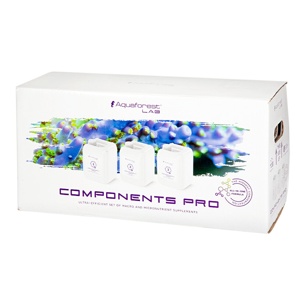 メーカー：アクアフォレストサンゴ用サプリメント！アクアフォレスト　Component　Pro（5L×3）対象サンゴ（SPS、LPS）、ソフトコーラル特長●カルシウム、アルカリ度、マグネシウム、そしてサンゴの健康と活力に必要なその他の主要元素と微量元素をバランスよく配合するサンゴ用サプリメントです。●通常品に比べ濃度が2倍となっており、少ない添加量で同様の効果を得る事が可能です。●3ポンプ式注入システムに接続して、リーフタンク内の主要元素と微量元素をすべて維持できます（※取り外し可能な容器の上部に穴を開け、1／4インチのタンクのアダプタバルクヘッドと1／4インチの透明アクリルチューブをいくつか購入すれば、標準の投与ポンプチューブを容器に直接接続できます）。セット内容Component　1　5L×1Component　2　5L×1Component　3　5L×1成分Component　1＋：Ca、Sr、Ba、Co、Mn、Cu、Fe、Zn、Ni、CrComponent　2＋：NaHCO3、F、IComponent　3＋：Mg、リーフミネラルソルト、K、B生産国ポーランドご使用方法●毎日添加の場合は水量100Lに対して各12mlです。（※ハードコーラルの場合、各25ml）●通常品よりも濃度が高いため定期的に水質を検査し、添加量の調整が必要です。●成分を一度に急激に添加すると沈殿が生じる可能性があります。各成分の添加間隔は1時間空けることをお勧めします。●濃度が高いため水中へ添加後に沈殿物が発生する場合があります。添加の際は水流の強い場所へ添加する事をお勧めします。ご注意※本品はアクアリウム用品です。目的以外の用途では使用しないでください。※本品は添加する事で必ずサンゴの色揚げが出来る物ではございません。※基本的な水質や状態が整っている環境で使用する事をおすすめします。 … アクアフォレスト　Component　Pro　アクア用品　アクアリウム　アクア　アクアリウム用品　海水　海水水槽　サンゴ　サンゴ水槽　SPS　LPS　ソフトコーラル　ハードコーラル　水質調整　調整剤　添加剤　添加　添加液　マグネシウム　カルシウム　微量元素　アルカリ　Mg　Ca　Sr　Ba　Co　Mn　Cu　Fe　Zn　Ni　Cr　NaHCO3　F　I　K　B　総合微量元素　5902026739566　y25m12　YH　20251225