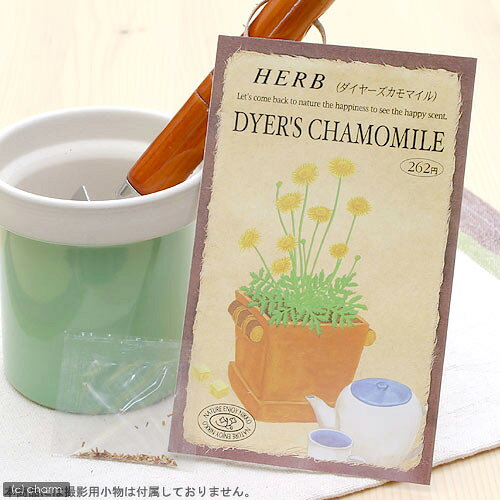 こころよい香りに酔いしれ、かわいい花を観賞！ハーブ　HERB　（ダイヤーズカモマイル）特長●古くより黄色の花は染料として利用されていますが、初夏〜秋にかけて、マーガレットによく似た花を次から次へと咲かせ、濃い緑葉とのコントラストは美しく、観賞用として人気があります。詳細キク科　多年草草丈　50cm〜60cm発芽適温　15℃〜25℃種まき　春4月〜6月　・　秋9月〜10月開花時期　5月〜10月頃内容量　0．1mlご注意※種子は薬剤処理をしたものもありますので、食用・飼料用など、種子以外の用途に使用しないでください。※小児の手の届かないところに保管してください。※裁培条件や天候により結果が異なる場合がございます。植替え用土入れ器　3点セットハイポネックス　マグァンプK　中粒　500g　元肥　土に混ぜこむだけ　草花　球根 … _animal　ガーデニング　ハーブ　ガーデニング　野菜／果物・ハーブ　ハーブ　S06　カモミール　ハーブの種　種まき4月　種まき5月　種まき6月　種まき9月　種まき10月　gardeng_fes0423　pd0816_gardening　seedPD0525　_gardening　4964545008470　育て方　育成方法　栽培方法　herb2022■この商品をお買い上げのお客様は、下記商品もお買い上げです。※この商品には付属しません。■植替え用土入れ器　3点セットハイポネックス　マグァンプK　中粒　500g　元肥　土に混ぜこむだけ　草花　球根