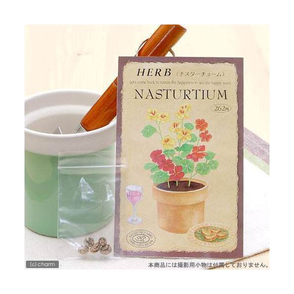 こころよい香りに酔いしれ、かわいい花を観賞！ ハーブティーや料理に利用して、味わいも楽しめるハーブ…。 あなたの手で育ててください。 ハーブ　HERB　（ナスターチューム）　品番：840特徴 ビタミンC、鉄分などを含んだ、栄養ゆたかなハーブです。 花、葉はピリッとした辛みがあり、さわやかです。詳細 ●ノウゼンハレン科　1年草 ●草丈　25cm〜30cm ●発芽適温　20℃〜25℃ ●種まき　春4月〜6月　・　秋9月〜10月 ●開花時期　6月〜10月頃 ●内容量　1mlご注意※種子は薬剤処理をしたものもありますので、食用・飼料用など、種子以外の用途に使用しないでください。※小児の手の届かないところに保管してください。※裁培条件や天候により結果が異なる場合がございます。植替え用土入れ器　3点セットハイポネックス　マグァンプK　中粒　500g　元肥　土に混ぜこむだけ　草花　球根 … _animal　ガーデニング　ハーブ　ガーデニング　野菜／果物・ハーブ　ハーブ　S06　ハーブの種　種まき4月　種まき5月　種まき6月　種まき9月　種まき10月　lakic11　twofi25　pd0816_gardening　seedPD0525　_gardening　4964545008401　育て方　育成方法　栽培方法　herb2022■この商品をお買い上げのお客様は、下記商品もお買い上げです。※この商品には付属しません。■植替え用土入れ器　3点セットハイポネックス　マグァンプK　中粒　500g　元肥　土に混ぜこむだけ　草花　球根