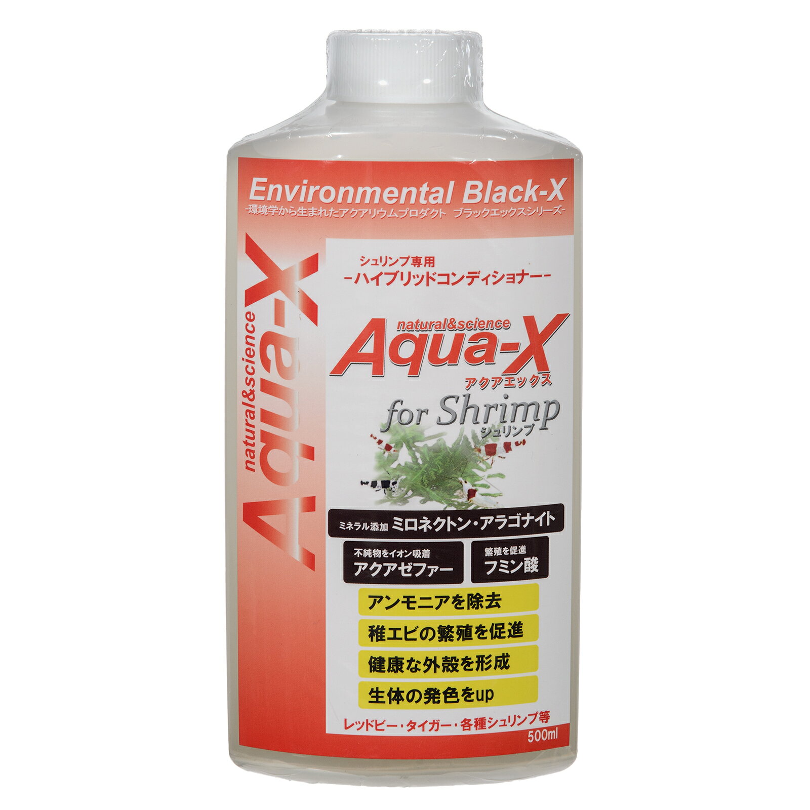 シュリンプ専用　ハイブリッドコンディショナーAqua−X　for　Shrimp アクアエックス　シュリンプ専用　500mL対象ビーシュリンプなどのエビ特徴● 「アクアエックスシュリンプ用」は、環境保全に使用される最新技術と、生体を健康に育成する素材を融合させることによって生まれた、最高の水質を実現できるコンディショナーです。 ●独自素材「アクアゼファー」が「アンモニア」を強力に吸着除去することで「アンモニア」「亜硝酸」値の上昇を抑え、さらに「発色不良」「pH低下」「突然死」の原因となる「硝酸塩」の蓄積を抑えることができます。 ●「ミロネクトン・アラゴナイト」それぞれのパウダーが脱皮不全を防止、特に炭酸カルシウムが殻を厚く丈夫にし、白色を際立たせます。 ●「フルボ酸」が繁殖率を高めます。内容量500mLご使用方法●ボトルをよく振ってから直接水槽に添加してください。 ●飼育水10Lに対し、10mLが基本使用量です。（キャップ容量10mL） ●新規立ち上げ時には水量全体に対して、水換え時には交換水に対しての規定量をご使用ください。 ●長期間水換えしない場合には、週に一度水量全体に対しての規定量を添加してください。ご注意※本品はシュリンプ専用の添加剤です。目的以外の用途には使用しないでください。ジクラ　ウォーター　ベニッシモ（ビーシュリンプ用）　500ml　エビ　飼育Aqua−X　Plus　アクアエックス　プラス　500mL　淡水・海水両用　熱帯魚　海水魚　リン酸　イオン吸着　除去Aqua−X　Plus　アクアエックス　プラス　2000mL　淡水・海水両用　熱帯魚　海水魚　リン酸　イオン吸着　除去テトラテスト　6in1　試験紙（淡水用）水質検査試験紙　テスト　総硬度　硝酸塩　亜硝酸塩　塩素　炭酸塩　PHコトブキ工芸　ガラス水槽　クリスタルキューブ　300（30×30×30cm）　レグラス　30cm水槽（単体）　小型水槽　お一人様2点限り … アクアリウム用品　アクア用品　調整剤　バクテリア　エビ用　ビーブラスト　Aqua−X　アクアエックス　シュリンプ専用　500mL　塩素中和　アクアX0411　20100411　MI　tg378qcq　4571229739096　opa2_none　レッドビーシュリンプ　ビーシュリンプ　繁殖　脱皮　添加剤　コンディショナー　カルキ抜き　カルキ抜　塩素　カルキ■この商品をお買い上げのお客様は、下記商品もお買い上げです。※この商品には付属しません。■ジクラ　ウォーター　ベニッシモ（ビーシュリンプ用）　500ml　エビ　飼育Aqua−X　Plus　アクアエックス　プラス　500mL　淡水・海水両用　熱帯魚　海水魚　リン酸　イオン吸着　除去Aqua−X　Plus　アクアエックス　プラス　2000mL　淡水・海水両用　熱帯魚　海水魚　リン酸　イオン吸着　除去テトラテスト　6in1　試験紙（淡水用）水質検査試験紙　テスト　総硬度　硝酸塩　亜硝酸塩　塩素　炭酸塩　PHコトブキ工芸　ガラス水槽　クリスタルキューブ　300（30×30×30cm）　レグラス　30cm水槽（単体）　小型水槽　お一人様2点限り