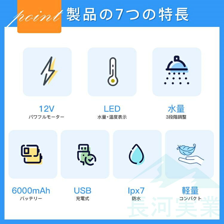 【2026新品】簡易シャワー ポータブルシャワー 電動 USB充電式 6000mAh 9600mAh アウトドアシャワー 電動シャワー 携帯 水量調節 温水対応 ホルダー付き 便利グッズ 節水 アウトドア changhe-10000173 長河実業 サンプル画像3