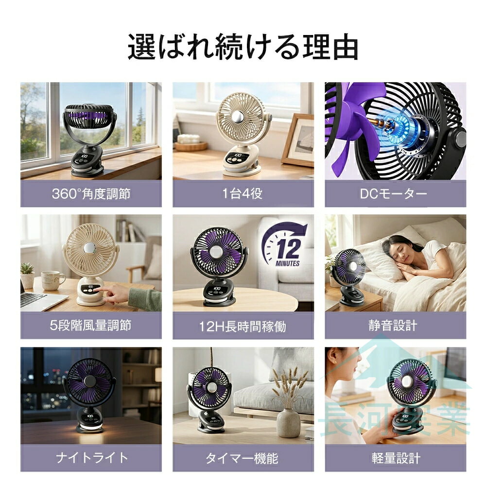 【2026最新モデル・1台4役】扇風機 クリップ 卓上扇風機 サーキュレーター USB充電式 5段階風量調節 12H連続稼働 DCモーター 大風量 パワフル送風 自動首振り ナイトライト付き 角度調整 静音 吊り下げ 小型 タイマー 軽量 省エネ 室内干し 熱中症対策 3