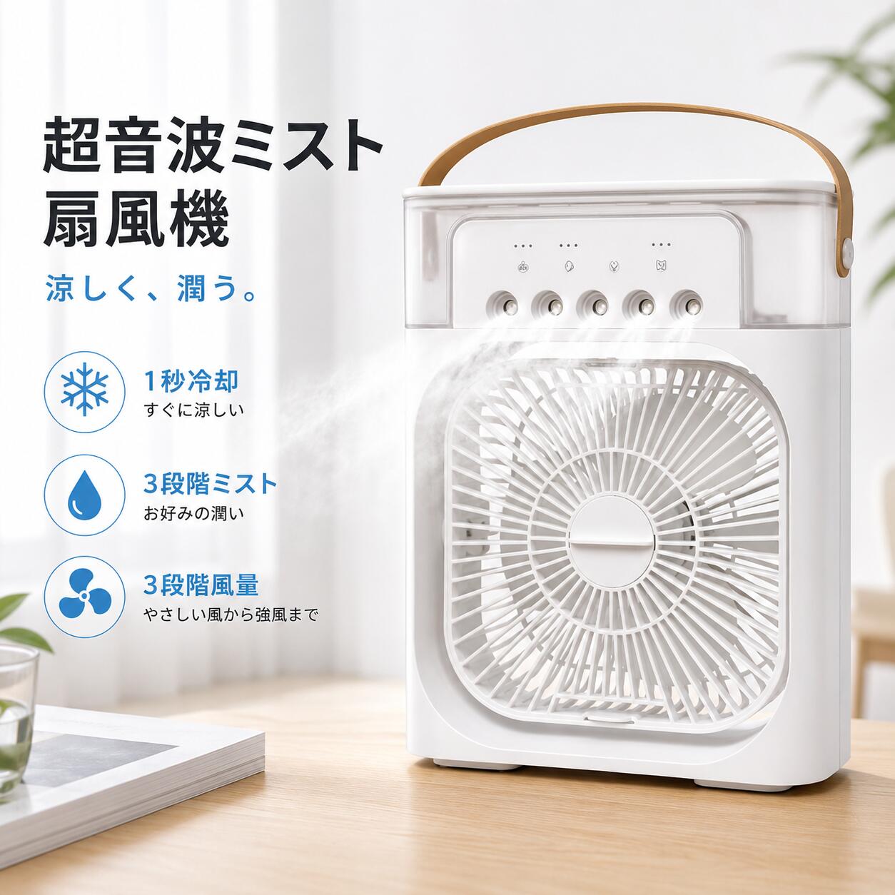 商品情報【商品仕様】商品名：卓上冷風機消費電力：10W入力電圧：5V/2A給電方式：USB Type-C給電タンク容量：約600ml風量調節：3段階ミスト調節：3段階タイマー：1時間／2時間／3時間サイズ：約21×9×26cm重量：約750g騒音値：約43〜50dBUSBケーブル長：約143cm材質：ABS・PC・PP付属品：・USB Type-Cケーブル【送風・加湿・ミストの1台3役】送風・ミスト加湿を1台に搭載した卓上冷風機です。タンクに水や氷を入れることで、ひんやりとした風を届けます。超音波ミスト技術により微細なミストを噴霧し、乾燥しやすい季節やエアコン使用時にも快適な空間づくりをサポートします。【600ml大容量タンク搭載】大容量600mlタンクを採用。一度の給水で長時間使用でき、頻繁な給水の手間を軽減します。透明窓付きで水量もひと目で確認できます。【3段階風量・3段階ミスト調節】風量・ミスト量はそれぞれ3段階調節可能。使用環境やお好みに合わせて細かく設定できます。デスクワークや就寝時、リラックスタイムにも快適にご使用いただけます。【お手入れ簡単な着脱式設計】給水タンクは大きく開閉できるため、内部のお手入れも簡単。吹出口やカバーも取り外し可能で、清潔な状態を保ちながら使用できます。【USB Type-C給電対応】付属のUSB Type-Cケーブルで簡単給電。パソコンやモバイルバッテリー、USBアダプターから給電でき、自宅やオフィス、アウトドアでも便利に使用できます。【1・2・3時間タイマー機能】1時間・2時間・3時間の切タイマーを搭載。就寝時や外出前にも便利で、切り忘れ防止にも役立ちます。【7色LEDライト搭載】やさしい光のLEDライトを搭載。寝室やリビングなどの間接照明としても活躍し、リラックスタイムを演出します。【水切れ自動停止機能】タンク内の水が少なくなると、自動でミスト運転を停止。空焚き防止機能付きで安心して使用できます。【角度調節可能】上下約70°の角度調節に対応。使用場所や姿勢に合わせて送風方向を調整できます。【様々なシーンで活躍】寝室・リビング・オフィス・書斎・キッチン・車中泊・キャンプ・アウトドアなど、暑さが気になる様々なシーンで活躍します。メーカー希望小売価格はメーカーカタログに基づいて掲載しています【2026年新登場】冷風機 冷風扇 卓上 小型 ミストファン 加湿 5口噴霧 3段階風量調節 3段階ミスト調節 600ml大容量 タイマー機能 LEDライト 静音 省エネ 卓上クーラー ミニクーラー USB給電 寝室 オフィス 車内 キャンプ アウトドア 熱中症対策 暑さ対策 送風・加湿・冷却の1台3役。600ml大容量タンク搭載で長時間使用可能。暑い季節の熱中症対策や節電対策におすすめ。 5