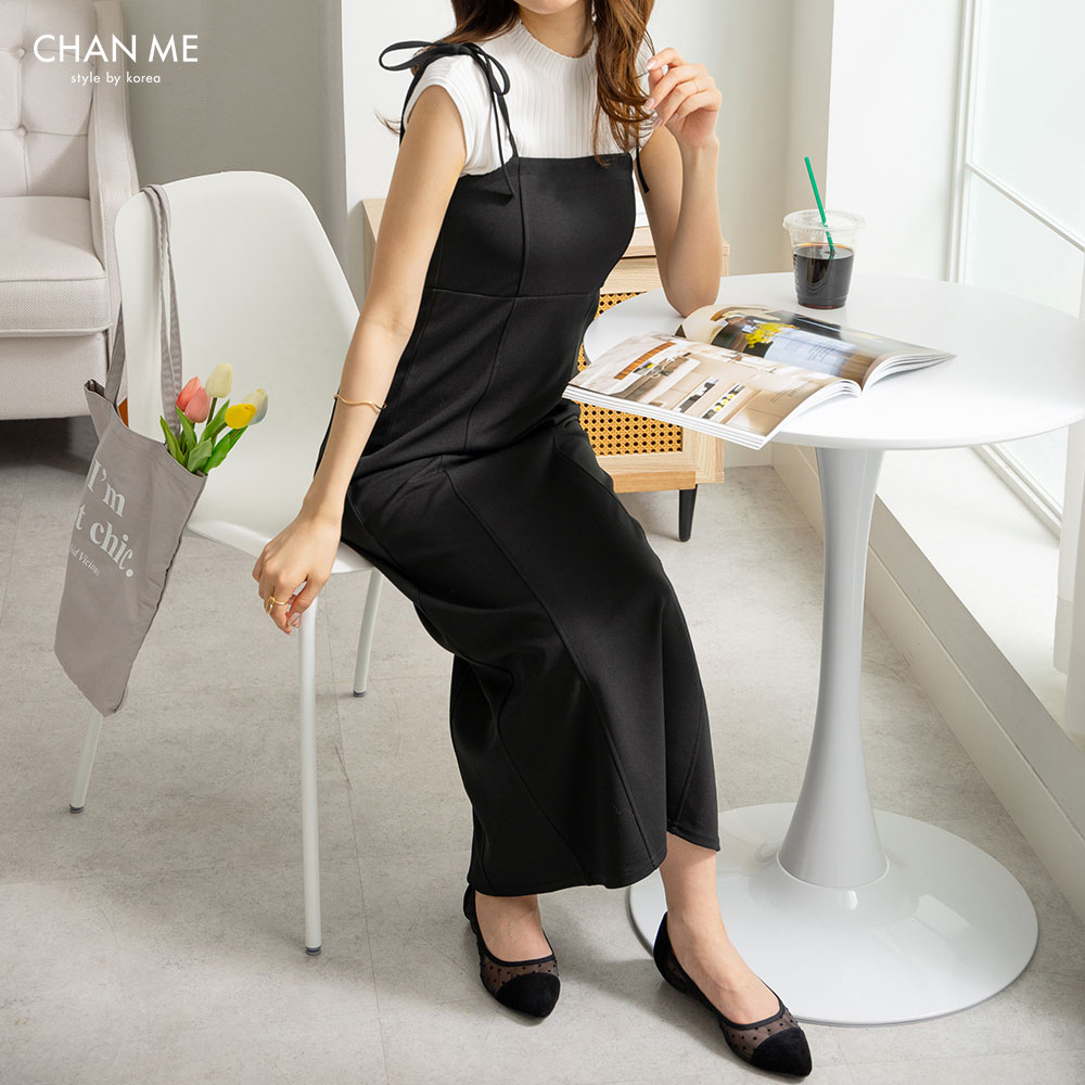 【MAX30%OFF★4/10まで】 キャミワンピ ワンピース レディース リボンキャミワンピース バックスリット ロング丈 きれいめ 大人 黒 ブラック 体型カバー 低身長 高身長 M/Lサイズ カジュアル 着回し デイリー おしゃれ 韓国 韓国ファッション CHAN ME チャンミ 24SS 新作のサムネイル