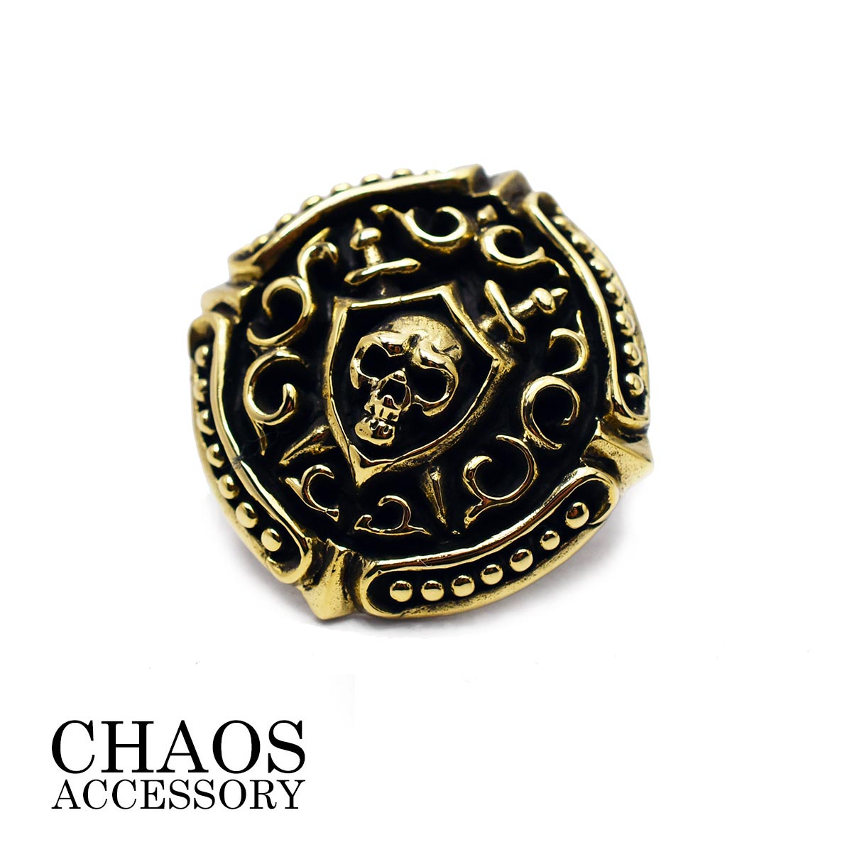 ブラスパーツ コンチョ 真鍮製 紋章 ゴシック シールド スカル コンチョ 27mmサイズ ブラスイブシ加工 ライダースウォレット バイカーズウォレット カスタ...