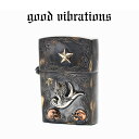 【good vibrations 正規取扱店】オイルライター 真鍮古美加工 アンティークブラス タトゥーデザイン ノーティカル・スター&スワロー モチーフ オイルライター グッドバイブレーションズ