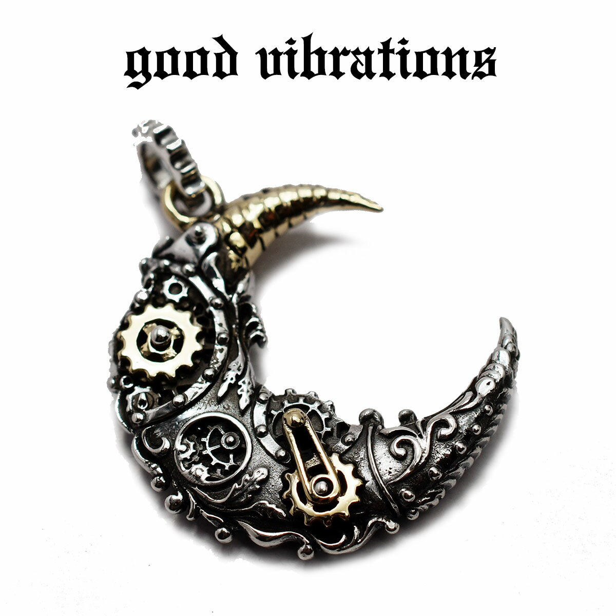 【good vibrations 正規取扱店】【送料無料】グッドバイブレーションズ インダストリアル 歯車 ギア スチームパンク 産業革命 クレセントムーン 三日月 チャーム ペンダントトップ シルバー 純銀 Silver925 ネックレス