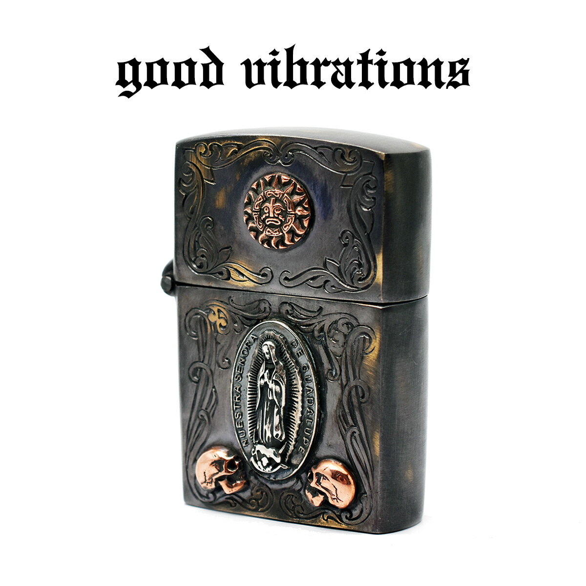 【good vibrations 正規取扱店】オイルライター ZIPPO型 アンティークブラス 太陽とマリアプレート/ オイルライター/真鍮/ブラス/シルバー925/シルバーアクセサリー