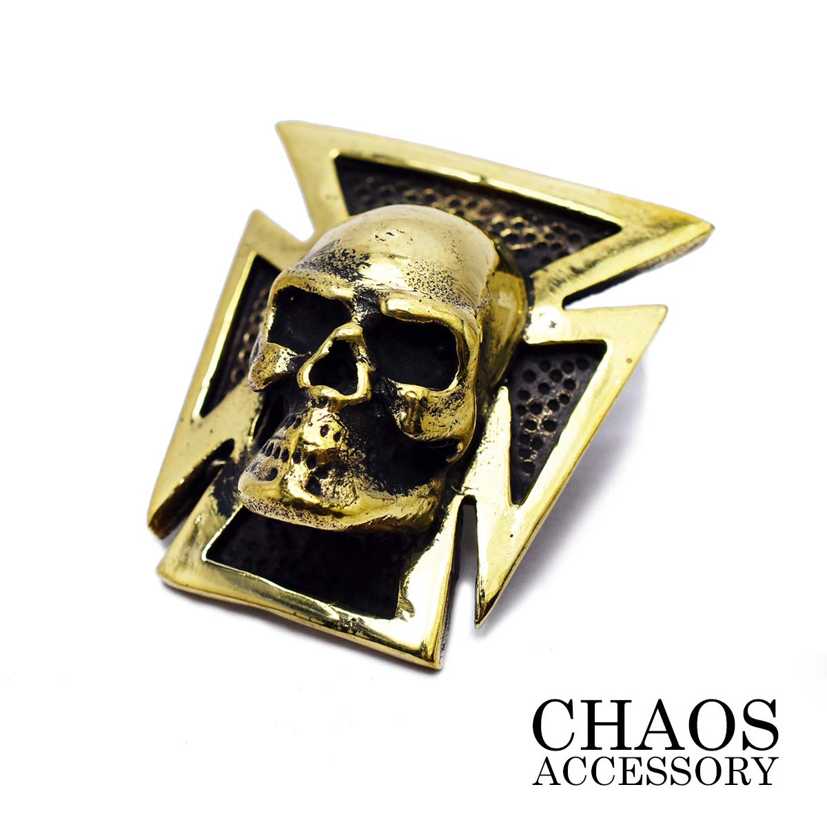 ブラスパーツ/コンチョ≪スカル&アイアンクロス コンチョ Lサイズ ブラスイブシ加工≫ライダースウォレット カスタムパーツ レザーウォレット専門店 レザーワーク...