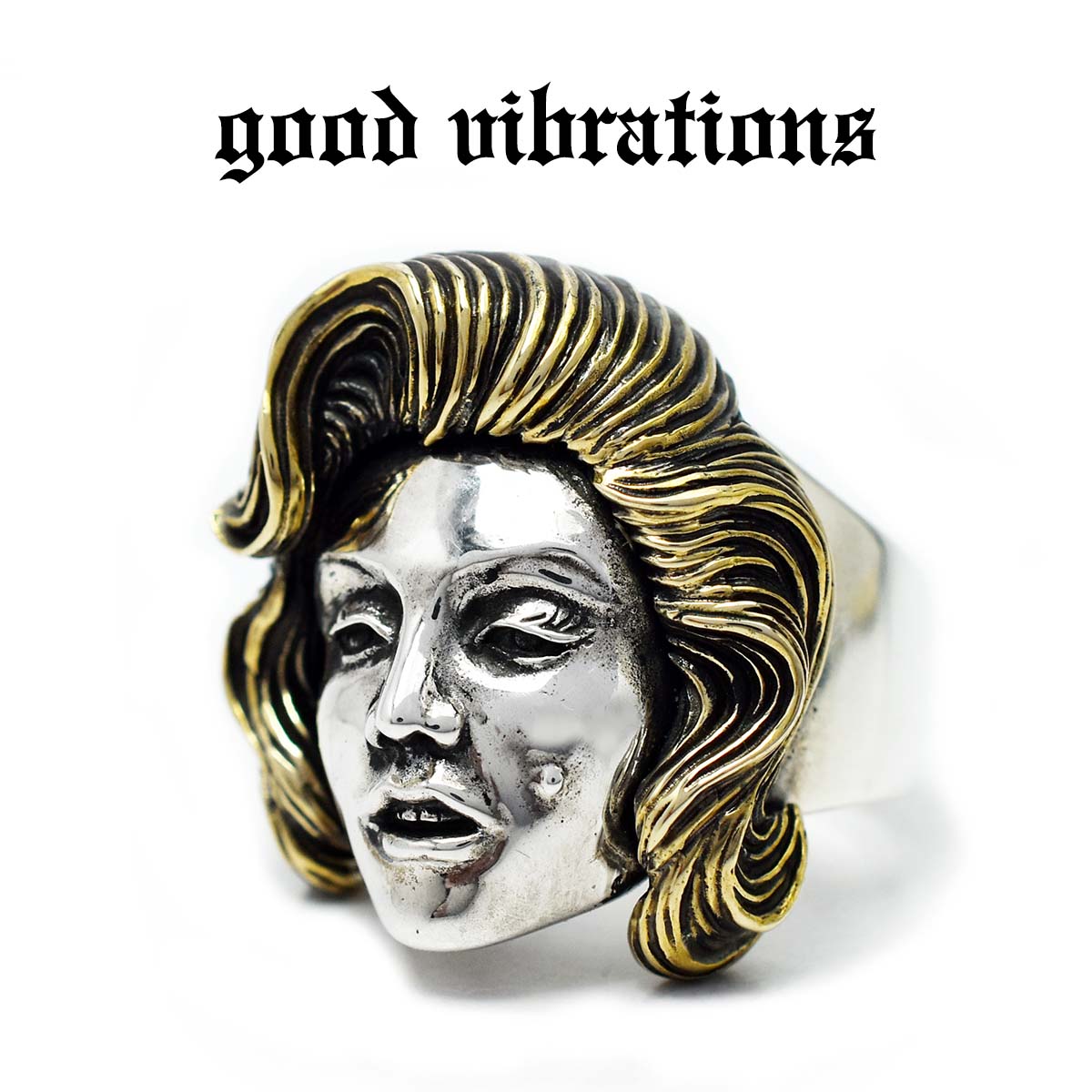 【父の日 ギフト プレゼント】good vibrations/グッドバイブレーションズ≪マリリン・モンロー オマージュ モチーフ メッセージ入り フェイスリング #17 #21 17号 21号≫スターリングシルバー/純銀/シルバー925/ブラス/真鍮/ユニセックス/指輪【送料無料】