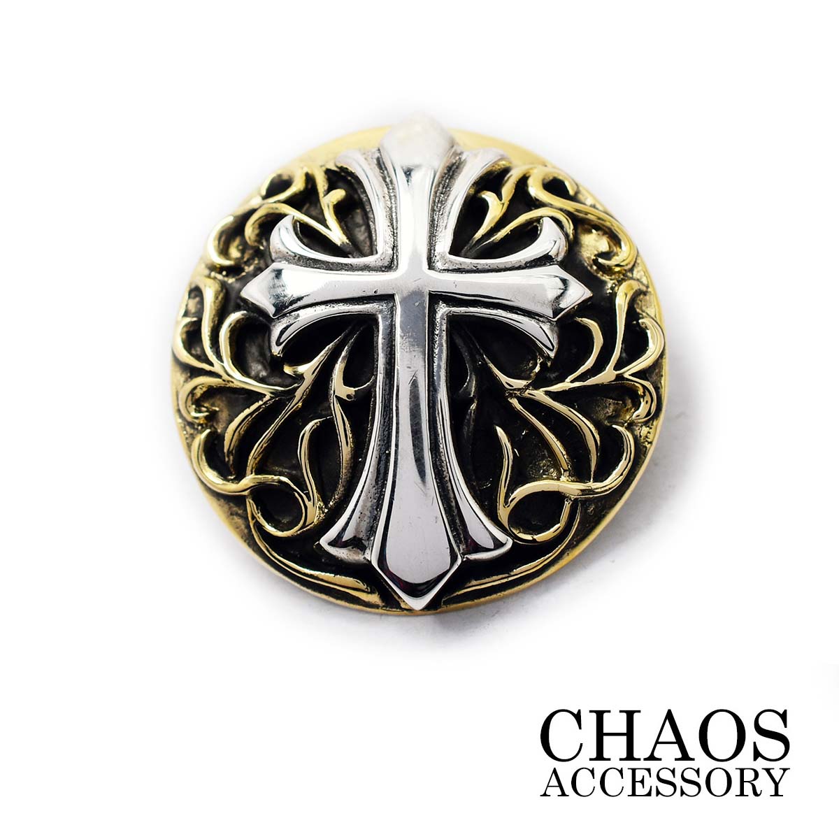 ≪クロス 十字架 アラベスク 唐草 コンチョ【Mサイズ/直径27mm/中型コンチョ】≫≪純銀 シルバー925&真鍮ブラス≫【 レザーウォレット専門店 】