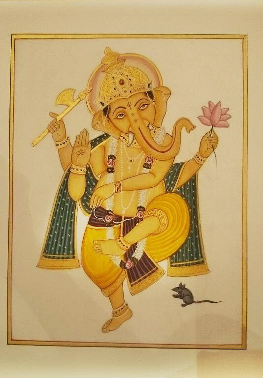 ☆送料無料!!【高級シルク地 枠入り絵画　ガネーシャ】インド ガネーシャ シルク地 絵画 アート 一点も..