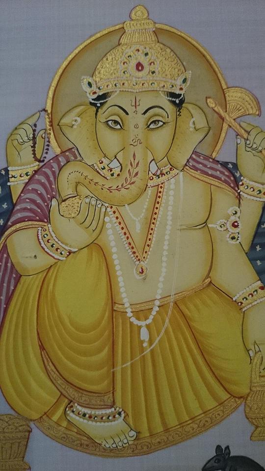 ◆【シルク地枠入り絵画 ガネーシャ】インド ガネーシャ シルク地 絵画 細密画 アジアン 一点もの [2]