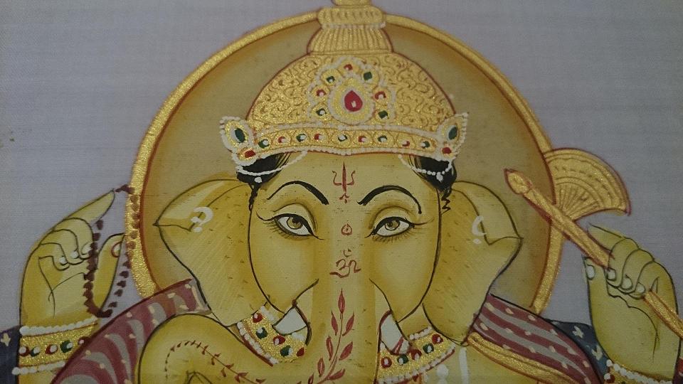 ◆【シルク地枠入り絵画 ガネーシャ】インド ガネーシャ シルク地 絵画 細密画 アジアン 一点もの [3]