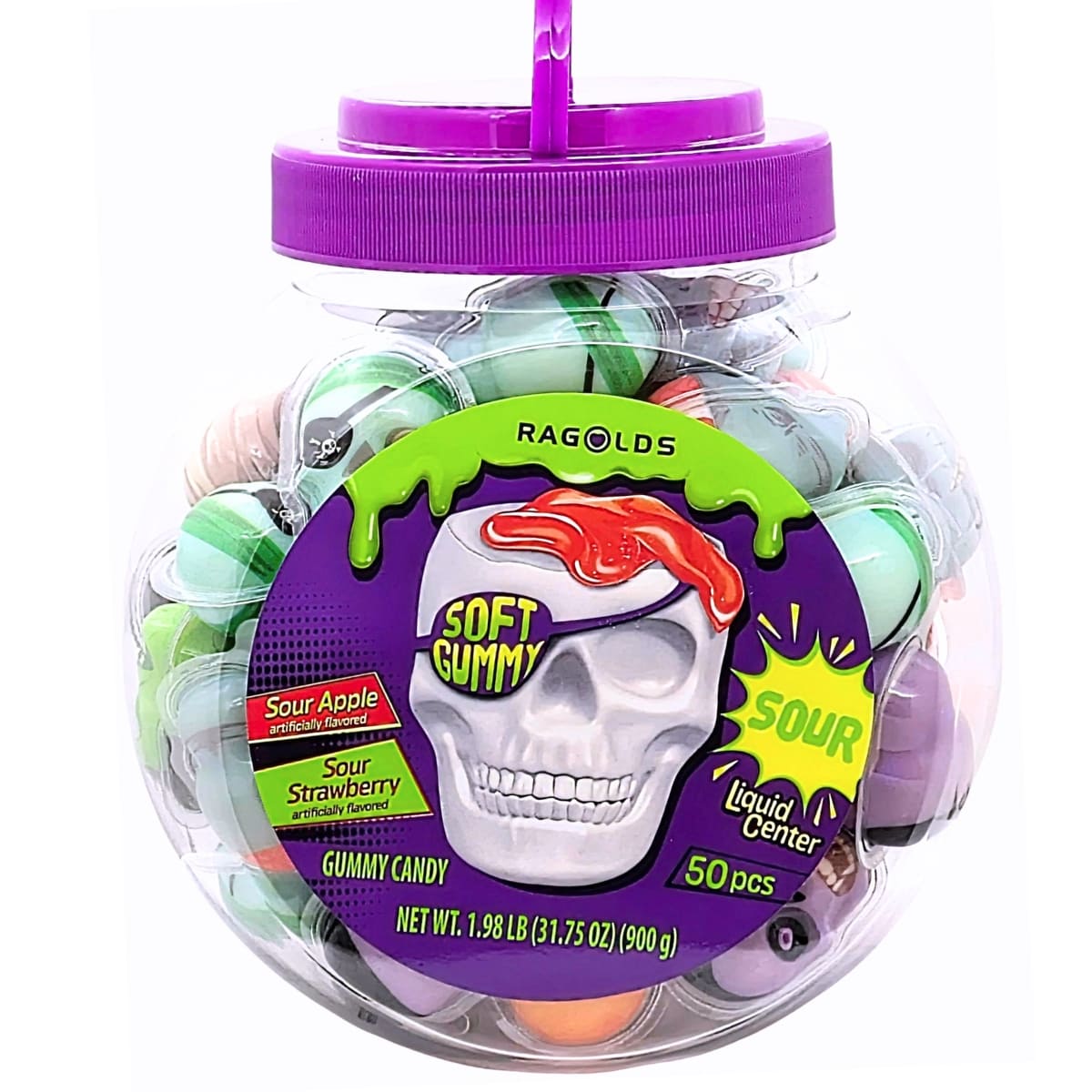 【10月31日はハロウィン】RAGOLDS (ラゴールズ) スカルソフトグミ 900g (50個) ドクロ型バケツ入りサワーアップル&ストロベリー味 ハロウィンお菓子 #74065 原産国: 中国 今使える10％OFFクーポン獲得
