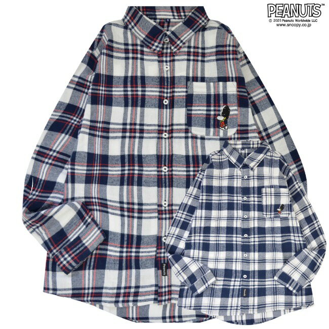 スヌーピー チェックシャツ 長袖 春秋冬 刺繍 SNOOPY PEANUTS