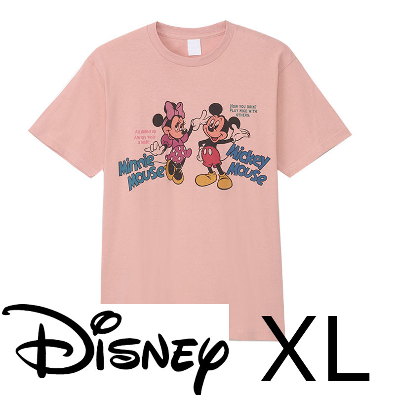 ディスニー ミッキーマウス ミニーマウス ロゴ コットンTシャツ XLサイズ ピンク シンプル ニュアンスカラー/半袖/おしゃれ/可愛い/夏/プリント/キャラクター