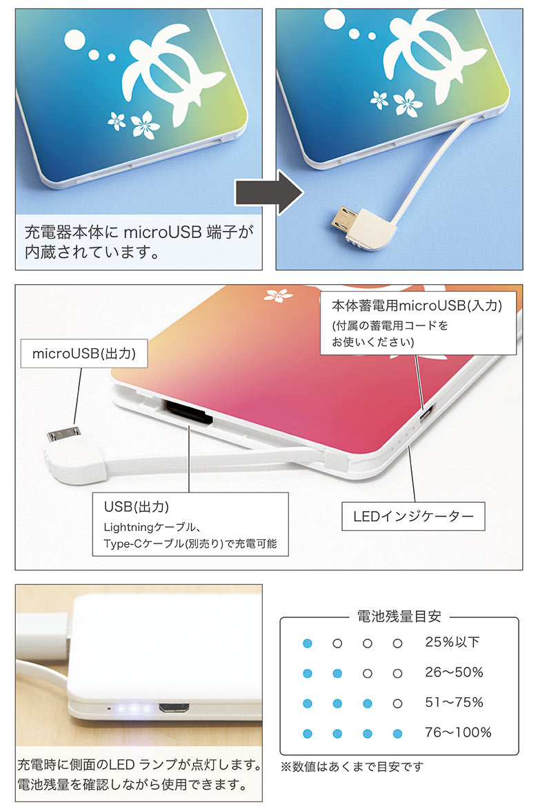 【PSE適合品】 カラフルホヌ リチウムイオンポリマー充電器 ケーブル内蔵タイプ 4000mAh USB出力 2.1A コンパクトサイズ 夏 海 ハワイアン Android iPhone対応 グラデーション かわいい カメ 派手 オシャレ