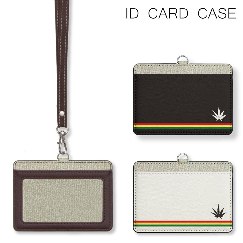 No65 Reggae border IDカードホルダー ネックストラップ付き ICカードケース 通勤 通学 2ポケット ICOCA Suica icカード ケース パス 定期入れ 雑貨 便利 グッズ 社会人 学生 パンク レゲエ マリファナ マーク ボーダー アイホンX 白 黒 ラスタカラー ブラック ホワイト