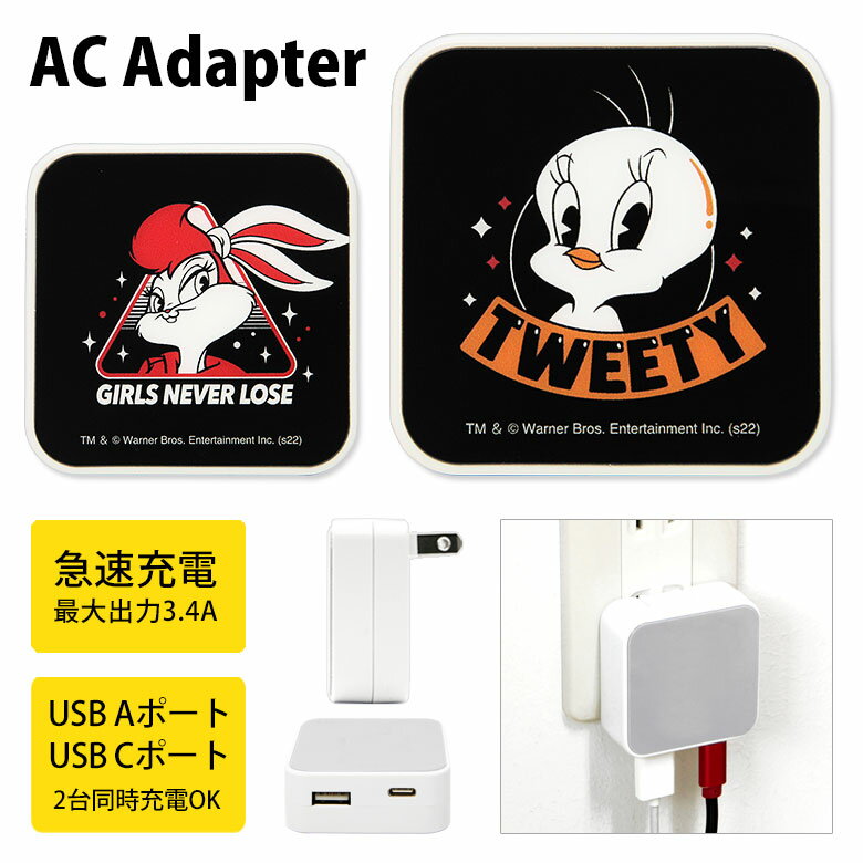 ルーニー・テューンズ トゥイーティー ローラ・バニー USB タイプA タイプC AC アダプタ コンセント 2台同時充電可能 3.4A かわいい オシャレ グッズ 充電器 アダプター スマホ タブレット ゲーム機