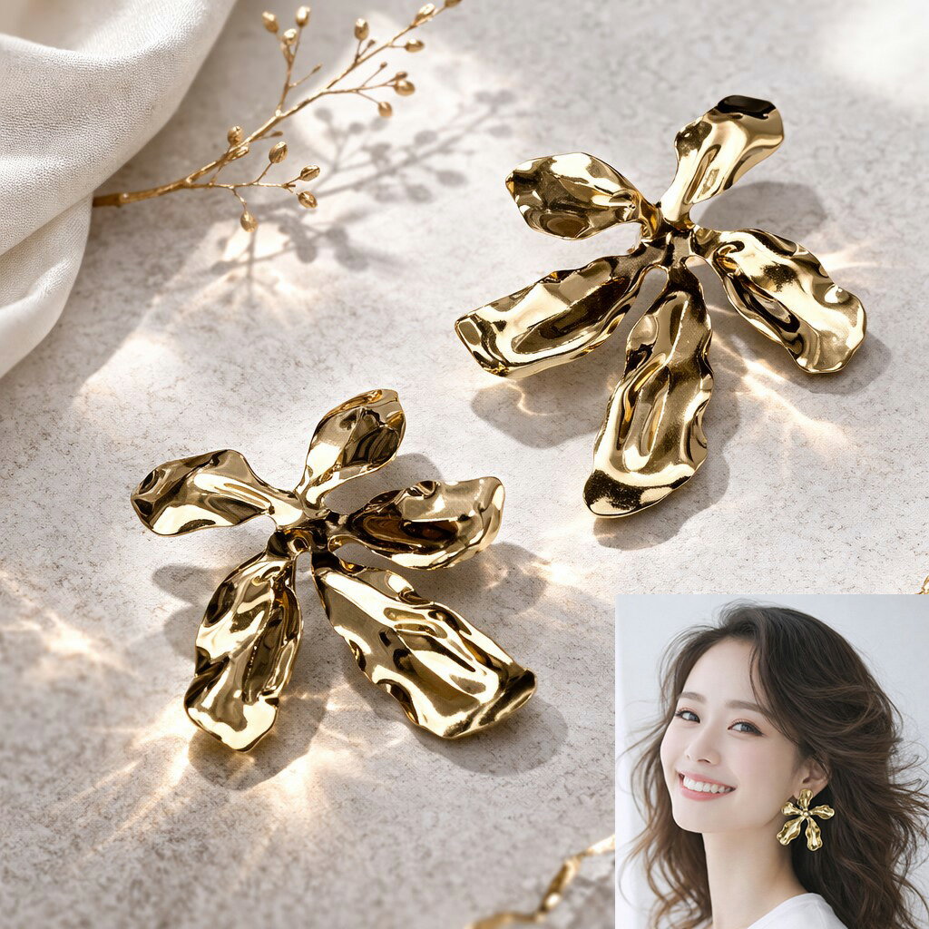 Rakuten - イヤリング フラワーメタルイヤリング ゴールド 大ぶり 上品 華やか 立体 花モチーフ モダン 大人 高見え 存在感 デイリー