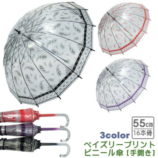 ペイズリープリントビニール傘 レディース 手開き 雨傘 グラスファイバー 16本骨 3色 55cm ペイズリープリントビニール傘 レディース 手開き 雨傘 グラスファイバー 16本骨 3色 55cm