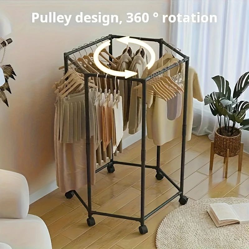 Rakuten - 360°回転式ワードローブ収納ラック 頑丈 丈夫 強い ぐらつかない シンプル スリム おしゃれ シングル スチールパイプ キャスター付き 大型 大容量収納 ポール 組立簡単