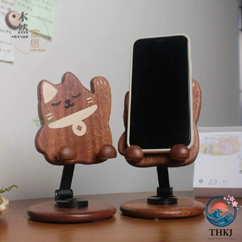 CHAS-CHUNK-Aショップの招き猫木製スマホスタンド 高さ調整可能 おしゃれ卓上ホルダー 多機能家用スタンド 縁起物デザイン｜アングル2