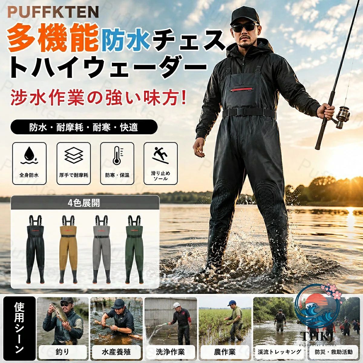 男性用チェストハイウェーダー。【22.0cm-27.5cm】【ポケット付き】足から胸までを覆う部分に防水性・撥水性の高いPVC生地が使われており、履くだけで体が濡れるのをしっかり防ぐことができます。チェストハイ型の完全防水ウェーダーは、サーフや河川の渓流、本流域の釣りで大活躍です。PVC加工で防水性・撥水性の高い生地が使われており、水に濡れないのはもちろんですが、水温で奪われる体温の低下スピードを遅くします。靴底には耐摩耗性の高い厚めのソールを採用し、滑りにくく安定感抜群。水中の硬い石やぬかるみでも安心して遊べる設計です。丈夫な素材で、長期間お使いいただけます。前面にはファスナー付きのポケットを搭載。スマホや小物を収納できるため、作業の際に非常に便利。アウトドアでも必要な物をすぐに取り出せます。ブーツとズボンは縫い合わせるのではなく、一体化でつくられており、水漏れはしません。通気性もよいこの胴長ウェーダーをはき、渓流に入っても体を乾燥的に保ちます。様々な場所で活躍:川釣り、潮干狩り、水産加工場、魚市場での現場作業着に、また、田植えや草刈りなど農作業や雪掻き。海に川に湖に!釣りをするなら必須アイテム! サイズ36(22.0cm) 37(22.5cm) 38(23.0cm) 39(23.5cm) 40(24.0cm) 41(24.5cm) 42(25.0cm) 43(25.5cm) 44(26.0cm) 45(26.5cm) 46(27.0cm) 47(27.5cm)サイズについての説明36(22.0cm) 37(22.5cm) 38(23.0cm) 39(23.5cm) 40(24.0cm) 41(24.5cm) 42(25.0cm) 43(25.5cm) 44(26.0cm) 45(26.5cm) 46(27.0cm) 47(27.5cm) 素材PVC色ブラック カーキ ベージュ備考サイズ詳細等の測り方はスタッフ間で統一、徹底はしておりますが、実寸は商品によって若干の誤差(1cm〜3cm )がある場合がございますので、予めご了承ください。商品の色は、撮影時の光や、お客様のモニターの色具合などにより、実際の商品と異なる場合がございます。あらかじめ、ご了承ください。▼色味の強い製品によっては他の衣類などに色移りする場合もございますので、速やかに(脱水、乾燥等)するようにお願いいたします。▼▼生地の特性上、やや匂いが強く感じられるものもございます。数日のご使用や陰干しなどで気になる匂いはほとんど感じられなくなります。.胴長 ウェーダー 胴付 長靴 は メンズ 用 チェスト ハイ ウェーダー で フィッシング ウェーダー として 釣り 渓流 釣り 海釣り に 最適 です。完全 防水 の ブーツ 付き 防水 ズボン は 農作業 漁業 水中 作業 など 幅広い 用途 に 使え、大きい サイズ も 取り揃えています。作業服 としても 優秀 な 釣具 です。。 指定された配送時間は承っておりません。【】胴長 ウェーダー 胴付 長靴 メンズ スポーツ アウトドア 早い者勝ち ブラック カーキ ベージュ 36(22.0cm) 37(22.5cm) 38(23.0cm) 39(23.5cm) 40(24.0cm) 41(24.5cm) 42(25.0cm) 43(25.5cm) 44(26.0cm) 45(26.5cm) 46(27.0cm) 47(27.5cm)