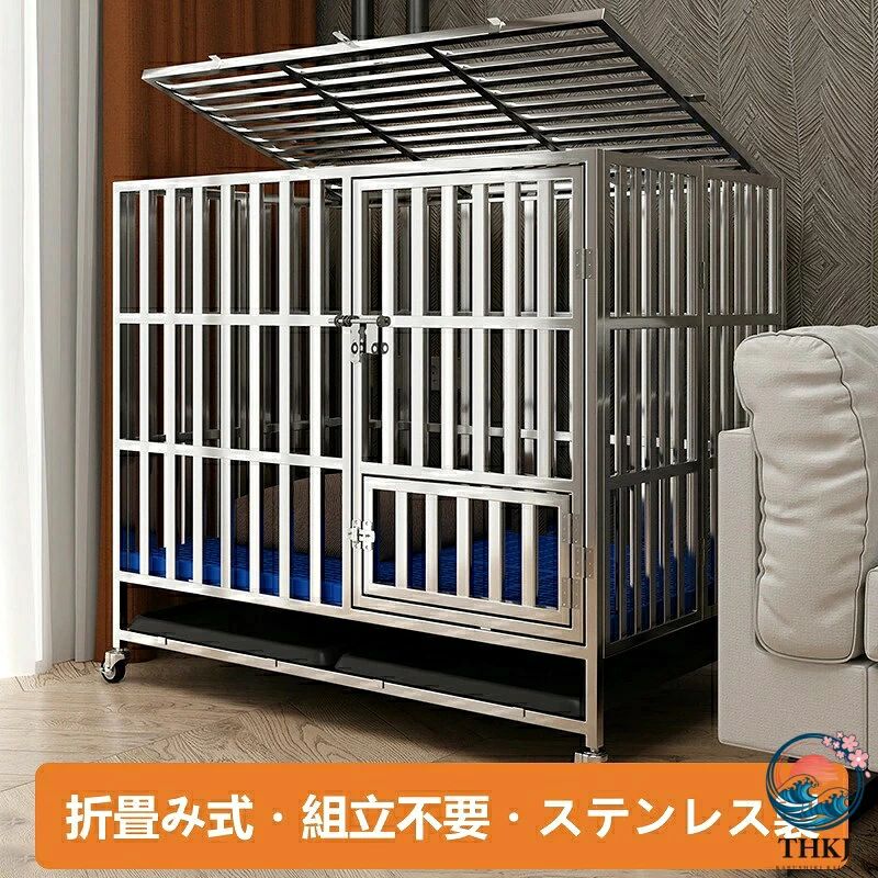 ステンレス製 ペットケージ ドッグケージ 犬小屋 ケージ ペットサークル ダブルドア トレー キャスター付き 犬用サークル 小型犬 大型犬 折り畳み式 組立不要 頑丈 室内 室外