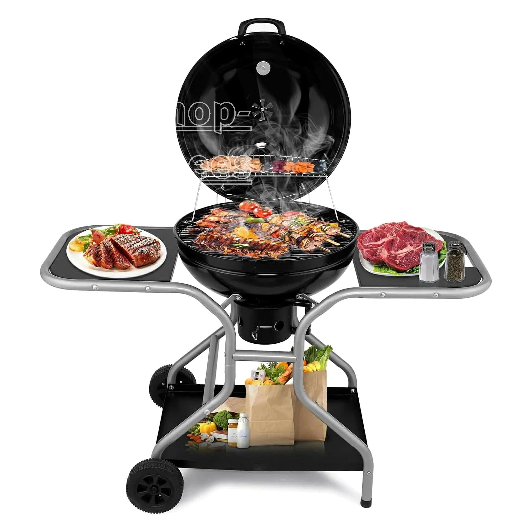 ? 【取り外し可能な灰受け】この炭火焼きグリルには大容量の灰受けが装備されており、灰を容器に直接集めてほこりが飛ぶのを防ぎ、お手入れがとても便利です。耐熱ハンドルにより、清掃中の操作が安全かつ簡単になります。? 【広々とした調理エリア】直径55cmの円形グリルエリアを備え、最大13個のハンバーガーやチキンレッグなどを同時に調理できます。高さのある保温ラックは調理済みの食べ物を温かく保ち、追加の食器を必要とせずに大家族の集まりや週末の屋外バーベキューに最適です。? 【正確な温度制御】この炭火焼きグリルには、最適な空気の流れと温度制御のための調節可能な通気口が付いています。わかりやすい目盛りが付いた内蔵温度計で簡単に監視でき、グリルした食べ物が毎回完璧な焼き加減で調理されることを保証します。? 【大きな収納スペース、移動が簡単】このグリルには、サイドテーブル 2 つ、フック 4 つ、大きな下部収納ラックが付属しており、グリルに必要なものをすべて簡単に収納できます。移動しやすいよう頑丈な車輪が 2 つ付いており、短距離の移動時に分解したり重いものを持ち上げたりする必要がありません。? 【頑丈で耐久性】この炭火焼きグリルの本体と蓋は厚手のスチール製で、熱が均等に分散され、一貫した焼き上がりを実現します。家族の集まり、キャンプ、ピクニック、裏庭でのバーベキューなど、さまざまな機会に最適です。利便性と効率性を重視して設計された当社の炭火焼きグリルは、屋外での調理体験に革命をもたらします。この多用途グリルは、広々とした調理エリア、便利なサイドテーブル 2 つ、グリルに必要なものをすべて簡単に収納できる大きな下部収納ラックを備えています。により持ち運びや保管が簡単で、裏庭でのバーベキュー、家族の集まり、キャンプ旅行に最適です。調理が簡単になり、後片付けも楽になるので、屋外での調理の冒険に最適です。仕様：1. 材質：エナメル、クロムメッキ、亜鉛メッキ鋼2. 寸法：129 x 50.5 x 101 cm3. 壁の厚さ：0.7 mm4. サイドテーブルの寸法：36 x 44 x 2.3 cm5. ケトルの直径：56.6cm（外径）/ 54.3cm（内径）6. 蓋の直径：57.3cm（外径）/ 55.8cm（内径）7. 高さのあるグリル：40 x 30 x 14.2 cm8.サポートロッドの長さ：17cm9. グリルクリップのサイズ：26 x 4 cm10. 大型グリル直径：54cm11. 小型グリル直径：39cm（炭受け口用）12. 炭入れ 直径：16cm、高さ：13cm13. 下部収納棚の寸法：67 x 46.2 x 3 cm14. ホイール直径：17 cm15. 温度計の直径：5.2 cm16. 重量: 18 kgパッケージ内容:炭火焼きグリル×1品質サービス:1、 当社の製品に問題がある場合は、お気軽にお問い合わせください。2、輸送中に多少の衝撃が加わる可能性がございます。万が一不具合や破損などがございましたら、部品の再送など対応させていただきますので、お気軽にご連絡くださいませ。3、商品が多いため、発送時に説明書をお送りし忘れることがございます。万が一、説明書が届いていない場合や、商品組み立てに関してご不明点がございましたら、お手数ですがご連絡いただけますようお願い申し上げます。電子版の説明書を再送させていただきますので、どうぞご安心ください。お客様にはご理解いただきますようお願い申し上げます。お客様のご支援が、私たちの励みとなっております。