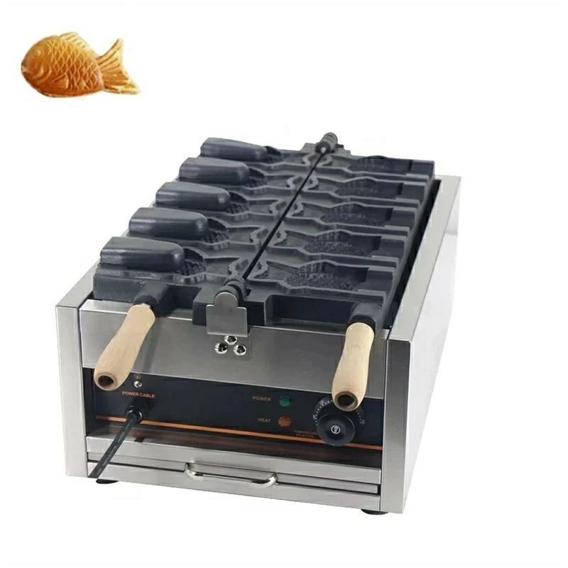 1、5枚焼き開口式、製品情報:本体サイズ:37.5*58.5*26.5cm，たい焼き型サイズ：11*8cm；正味重量:22kg，温度範囲:50-300℃。 ? 2、食品グレードのテフロンノンスティックコーティング、非粘着性を持ち、物がこびり付かず、お手入れも簡単です。両面にノンスティック加工が施されているため、たい焼きを焼く時たい焼きの型崩れを防ぎ、取りやすくなります。 ? 3、温度制御機能付き、温度制御パネルにより、50〜300℃の範囲で温度を精確に制御できます。人間化されたデザインにより、180°自由に持ち上げたり、閉めたりすることができ、支点がしっかりと固定され、長年使っても壊れません。 ? 4、両面で安定した温度で加熱することで、全体に均一に熱が行き渡り、食材を加熱ムラなく調理でき、外はカリッと、中はふんわり。均一に加熱が行われ、素早く調理することが特徴で、香り豊かなおいしい料理が焼き上がるまでわずか3分しかかかりません。 ? 5、木製の火傷防止ハンドルは持ちやすく、頑丈で耐久性があり、使用中の火傷事故を効果的に防ぎます。油から手を守り、安全かつ安心に使用できます。また、火傷防止と断熱効果があり、素早く柔軟に回転できます。 ? 6、高品質の厚さを増したステンレス鋼ボディ、耐食性に優れ、使用寿命が長いです。アルミダイカスト工程により、硬度、耐摩耗性、高温耐性に優れ、均一に加熱できます。