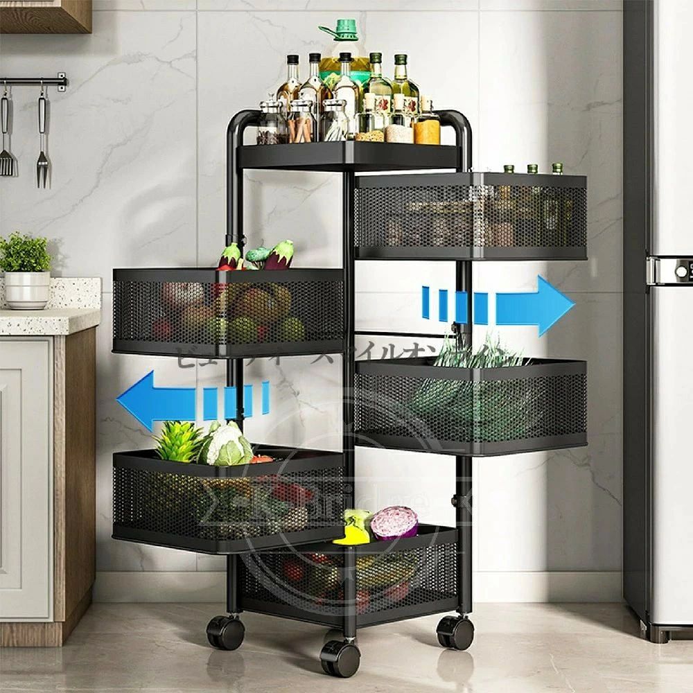 【商品名】【価格】15600円【商品説明】家具の仕上げ:ステンレス鋼? 【自由回転棚】キッチン野菜収納ラックカートはロック可能なキャスターを採用しており、移動や固定が簡単で、360°自由に回転できます。 各バスケットは330度自由に回転できます。 引き出しは取り外し可能で便利なバスケットです。 トレイ保持用マグネットも搭載されており、保管中にトレイが動かないように配慮されています。? 【一体型ハンドル転倒防止フレーム】キッチンカートは炭素鋼製で、厚みがありガタつきがなく、安定感があります。 収納カートには便利な天板と落下防止フレームが付いているので、小物や壊れ物が落ちたり揺れたりする心配がありません 底部まで一体型のハンドルが付いているので、片手で簡単に持ち運ぶことができます手に安定感を与えます。 回転収納ラックのユニークなデザインにより、取り出しが簡単です。 1つの棚には調味料、野菜、果物、キッチン用品、小型家電を収納できます。? 【通気性抜群】キッチン用野菜収納ラックの四面はメッシュ構造で、通気性が良く、お手入れが簡単で、湿気の多い場所でも安心です。 収納カートの各バスケットは分解できるので、掃除やメンテナンスが簡単です。