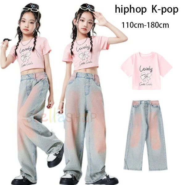 女の子 ダンス衣装 JAZZ セットアップ キッズ hiphop K-pop 舞台 団体服 演出服 女の子 半袖 へそ出し Tシャツ デニムパンツ ストリート