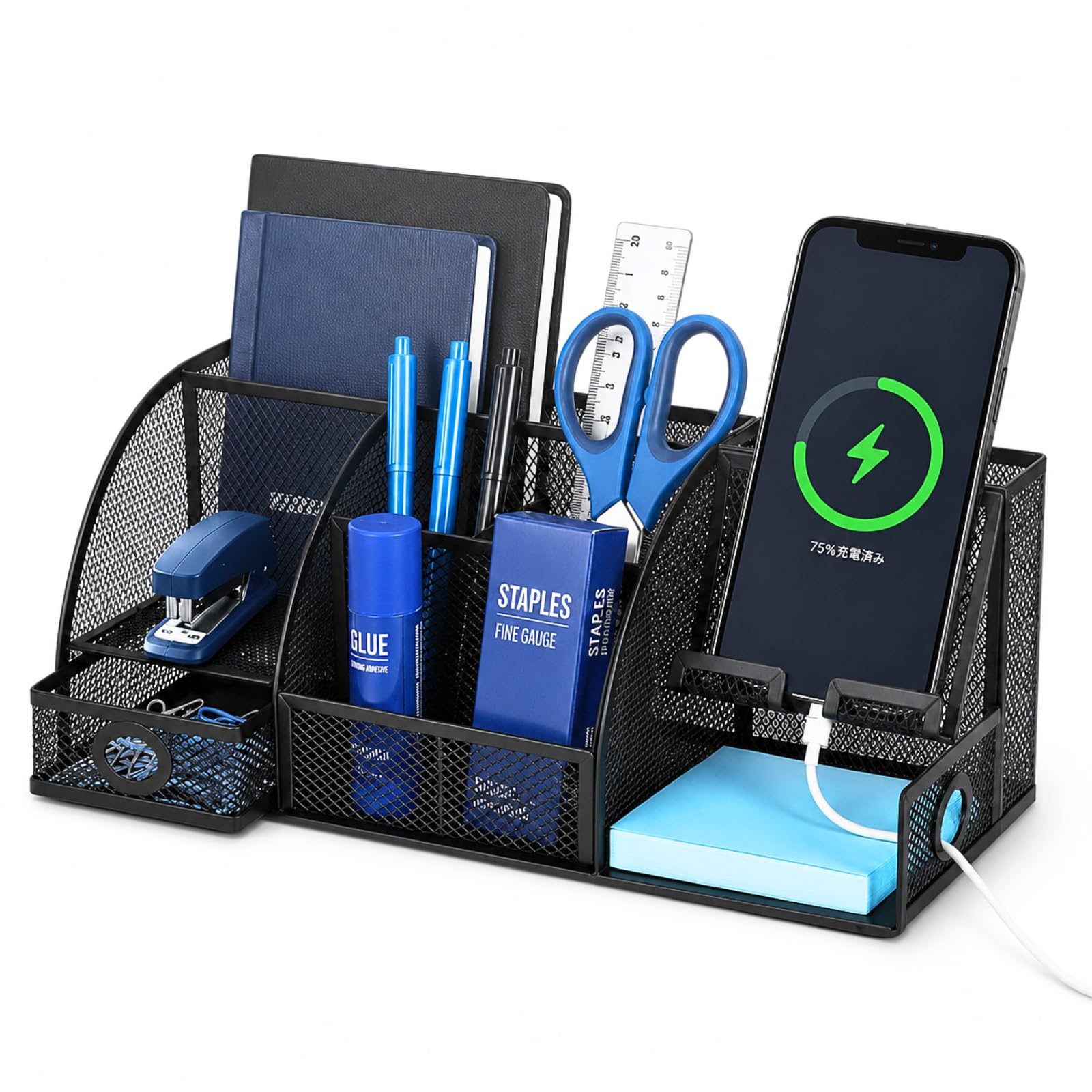 【スマホ充電ケーブル対応】デスクオーガナイザー 卓上 ペン立て 小物入れ スマホスタンド 文房具 収納 クリップ入れ