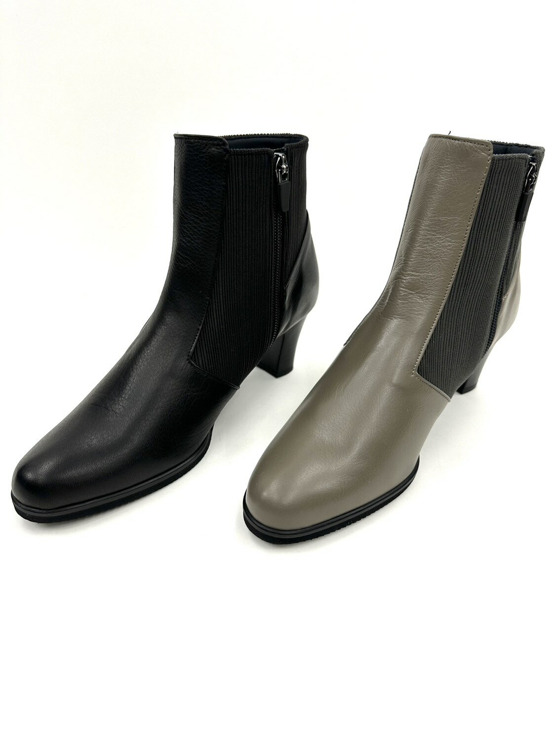 puts プッツ 2024新作 6518 作りたて お洒落でカッコいい ファスナー チャンキーヒール 高級キップ革 ショートブーツ エレガント 立ち仕事 日本製 本革 3E スタイリッシュ モード ブラック グレー お洒落 履きやすい 歩きやすい ゆったり 軽量