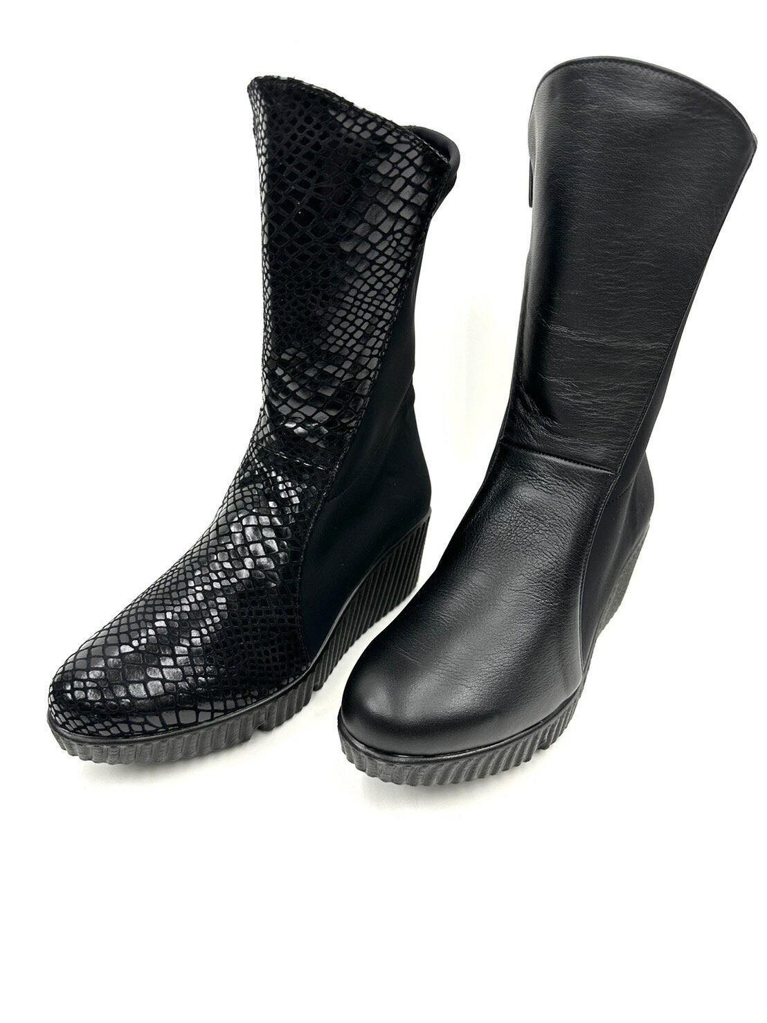 fizzreen フィズリーン 2025年製造 647 お洒落で歩きやすい レザーセミロングブーツ ストレッチ 外反母趾 仕事履き 軽量厚底 ウェッジソール 厚底 日本製 本革 3E モード ブラック 黒コブラ お洒落 履きやすい 歩きやすい かっこいい スタイルアップ