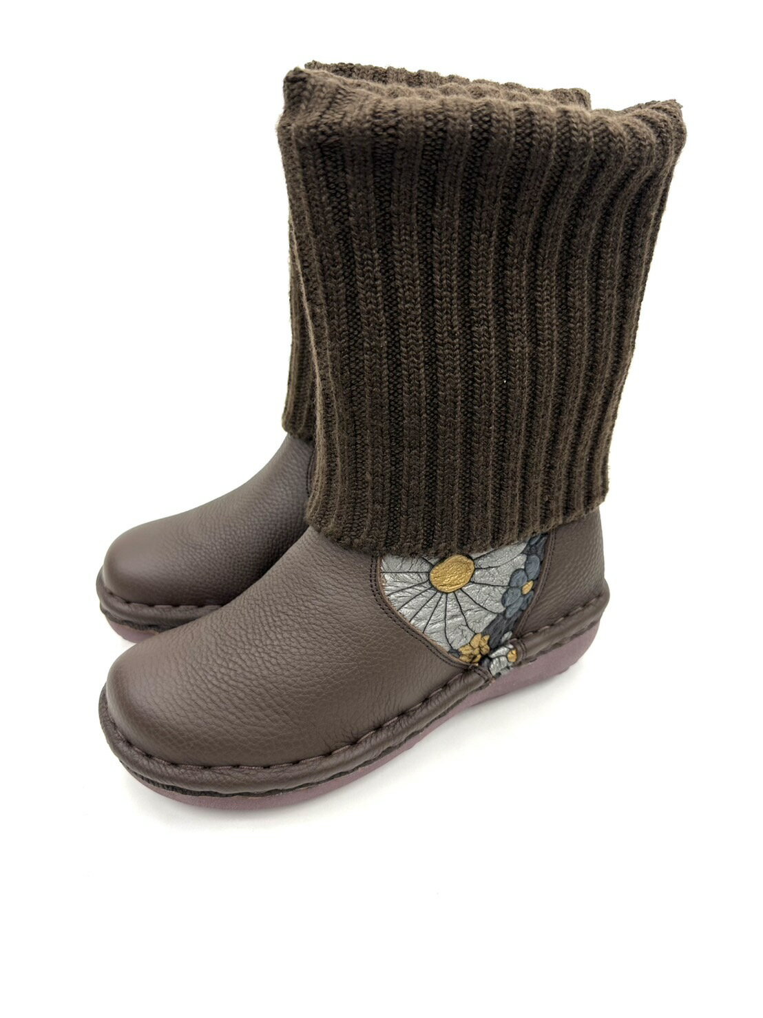 Estacion エスタシオン 4月30日まで限定大特価Sサイズ1足 MS04 本革 完全手作り　ニットブーツ レディース ふかふかクッション ウォーキングシューズ　履きやすく 歩きやすい 可愛い お洒落 4E カラフル ダークブラウン