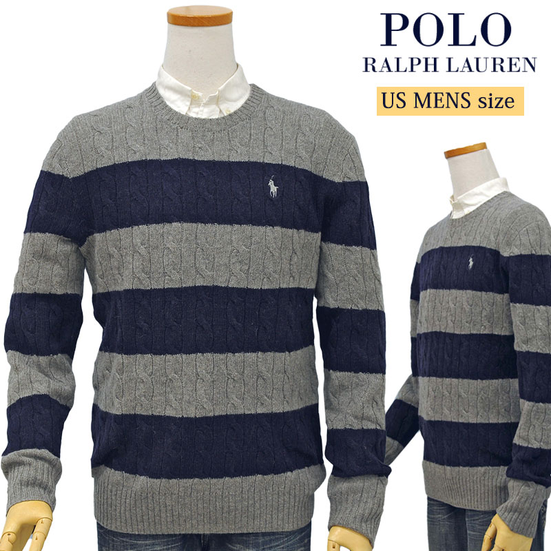 POLO by Ralph Lauren Men'sカシミヤ混 ボーダーケーブル編み ウールセーターXL,大きいサイズ ラルフローレン セーター2021-WINTER-NEW MODEL