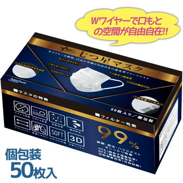 Wワイヤー不織布マスク 個包装 50枚入 アクアバンク 七つ星マスク 大人用 使い捨て 業務用 プリーツあり 大容量 白