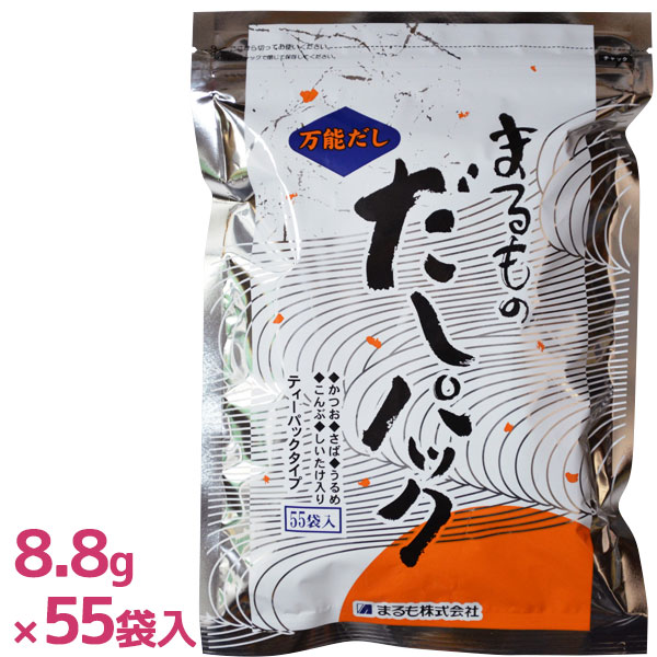 厳選された鰹節、昆布、椎茸、鯖節などの旨味をブレンドしています。天然原料をなるべく多く、調味エキスを限界まで少なく組み合わせ、天然物だけが持つ深い味を調味エキスで引き立てました。鰹、さばのあく、昆布のねばりは中袋がこし取り、すっきり澄んだダシができます。鍋料理など、和食をはじめ様々な料理にお使いいただけます。パック式なので簡単手軽に美味しいだし汁を作る事ができます。健康的な食生活にお役立て下さい。商品名まるものだしパック名称和風だし（ティーバッグタイプ）内容量8.8g×55パック入原材料名食塩、鰹、鯖、うるめ、椎茸、昆布砂糖、調味料（アミノ酸等）、粉末醤油、カラメル色素l型発酵乳酸カルシウム、オニオン（原材料の一部に小麦、大豆を含む）賞味期限商品ラベルに表記保存方法直射日光・高温多湿を避け、冷暗所で保存原産国名日本メーカー・輸入者株式会社ビバ 〒730-0806 広島県広島市中区西十日市町9-12 TEL：082-297-8321区分日本製・食品広告文責Cheeky株式会社（TEL:0358307901）※必ずお読みください※※現在庫の期限については、当店までお問い合わせをお願いいたします。※「原産国」表記について規定に基づき、「原産国名」は「最終加工が行われた国」を記載しております。「原料の原産地」とは異なりますので、予めご了承の程よろしくお願い致します。※妊娠中・授乳中・処方された薬を服用している方や、特定原材料・特定原材料に準ずるもの等のアレルギーをお持ちの方は、かかりつけのお医者様にご相談の上、ご購入・お召し上がりください。また、アレルギーに関しては個人差がありますので、特定原材料・特定原材料に準ずるもの等の食物アレルギーをお持ちではない方でも、お体に合わないなと感じられた場合はすぐにご使用をやめ、お医者様にご相談下さいますよう、よろしくお願い致します。【検索用】 出汁 ダシ 万能